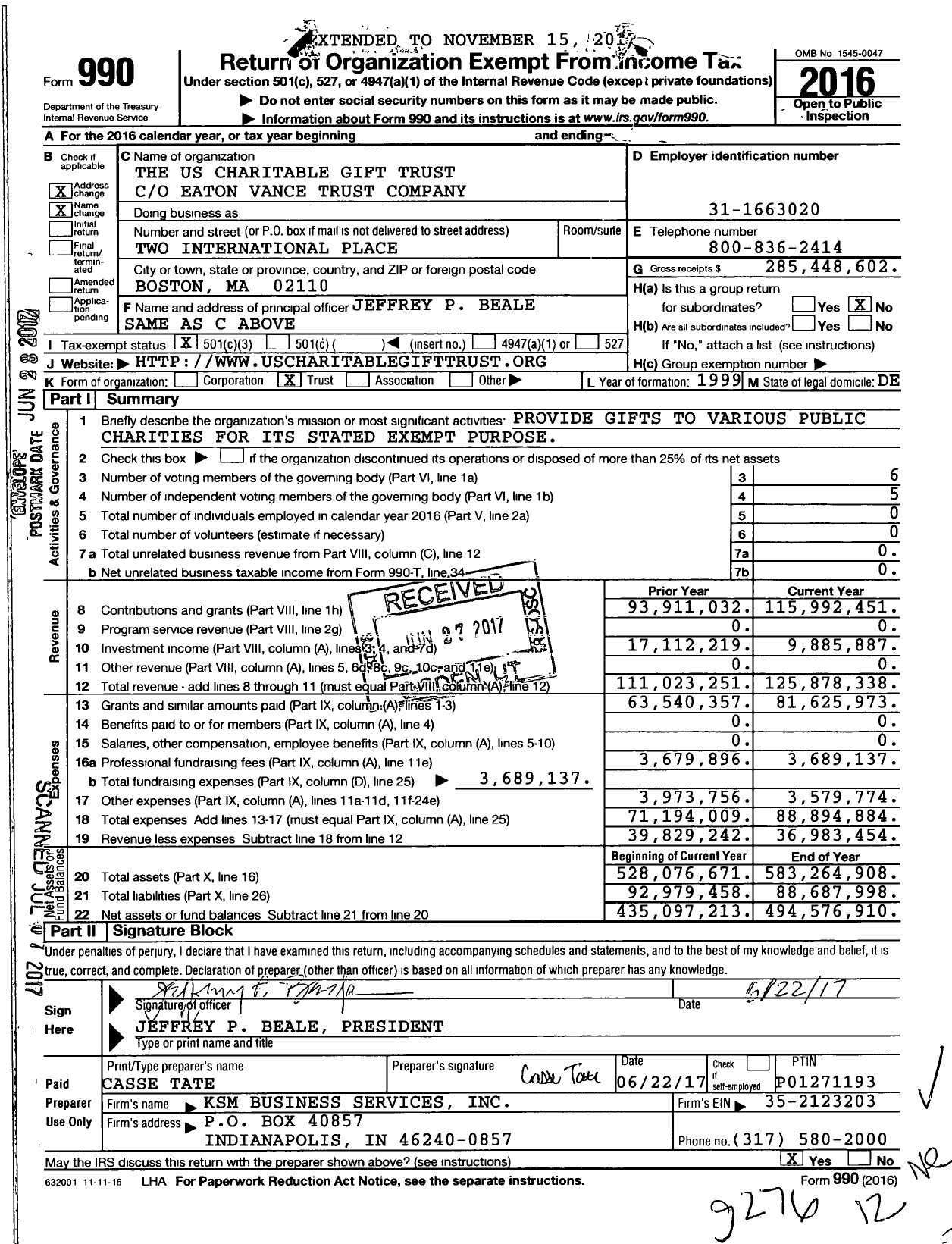 Image of first page of 2016 Form 990 for The US Charitable Gift Trust