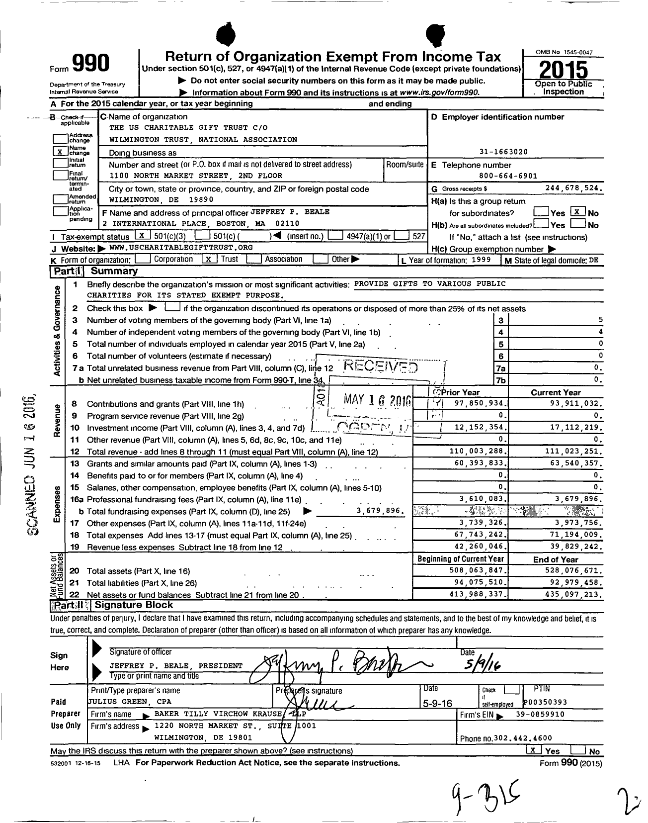 Image of first page of 2015 Form 990 for The US Charitable Gift Trust