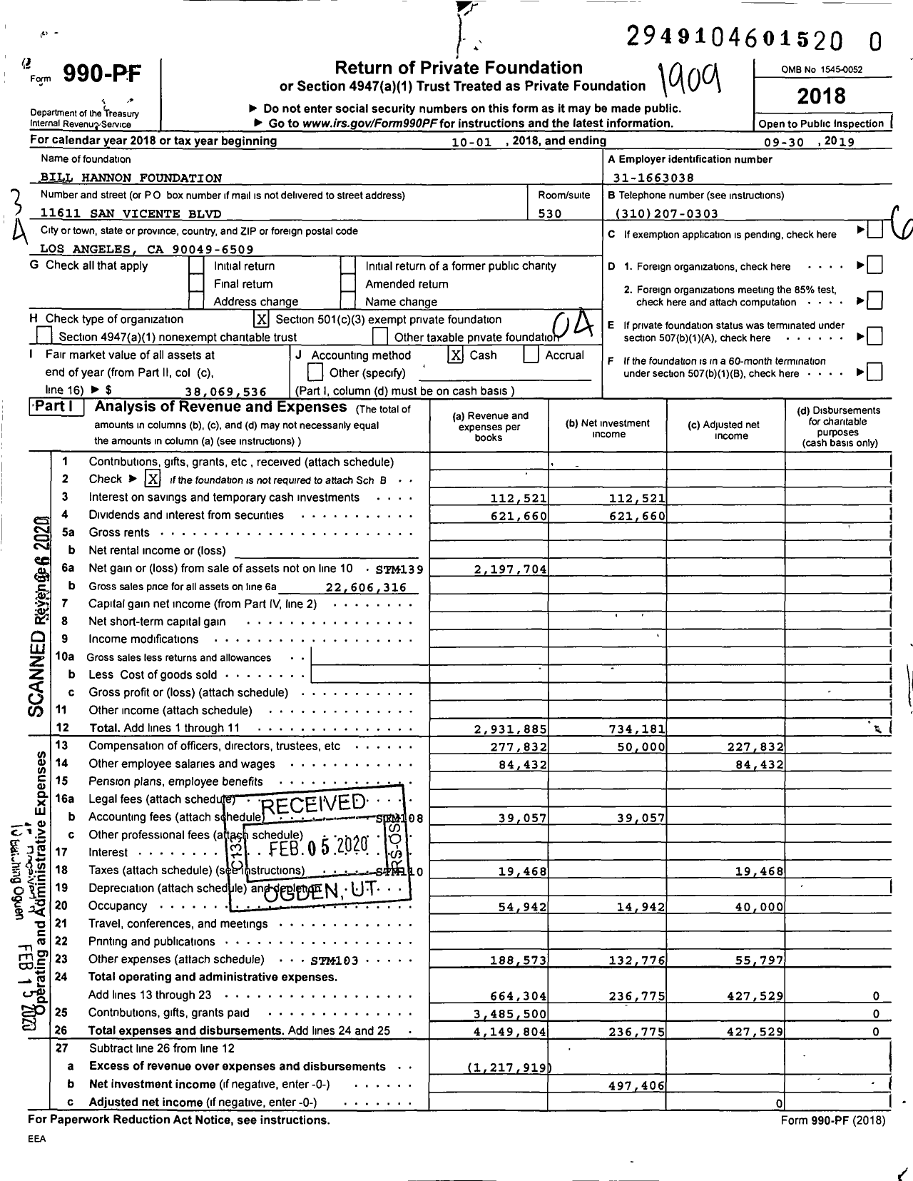 Image of first page of 2018 Form 990PR for Bill Hannon Foundation