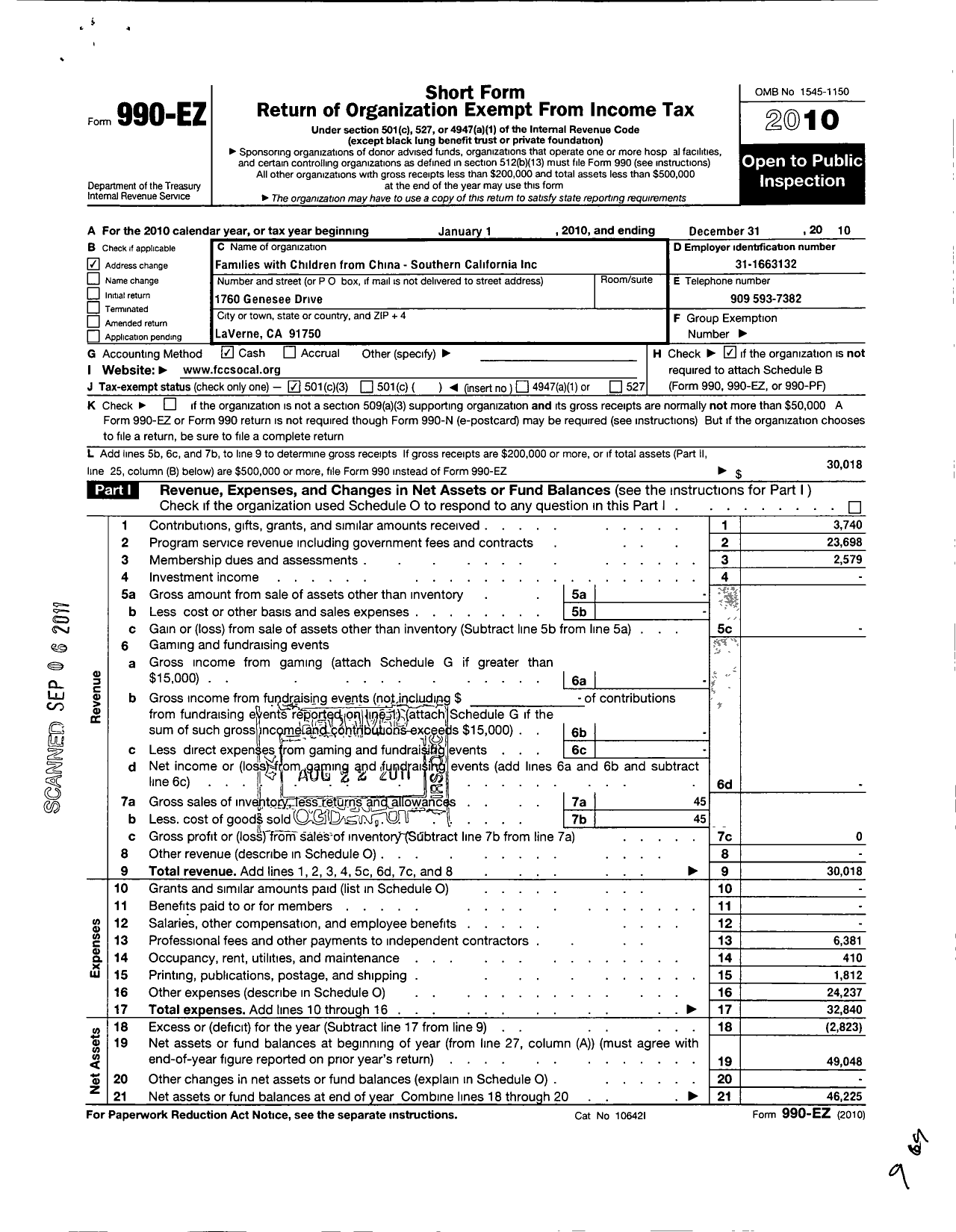 Image of first page of 2010 Form 990EZ for Families with Children From China-Southern California