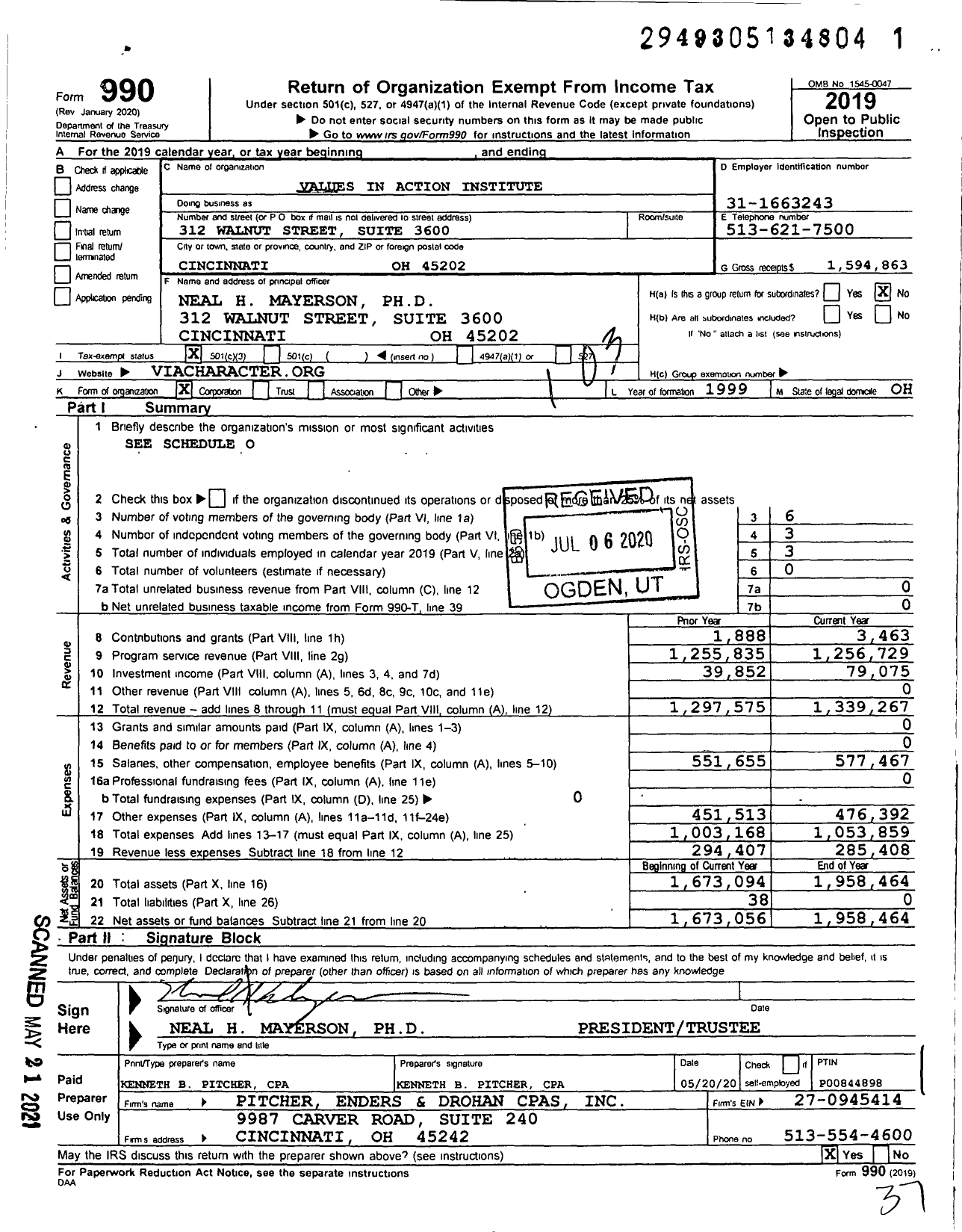 Image of first page of 2019 Form 990 for Via Institute on Character