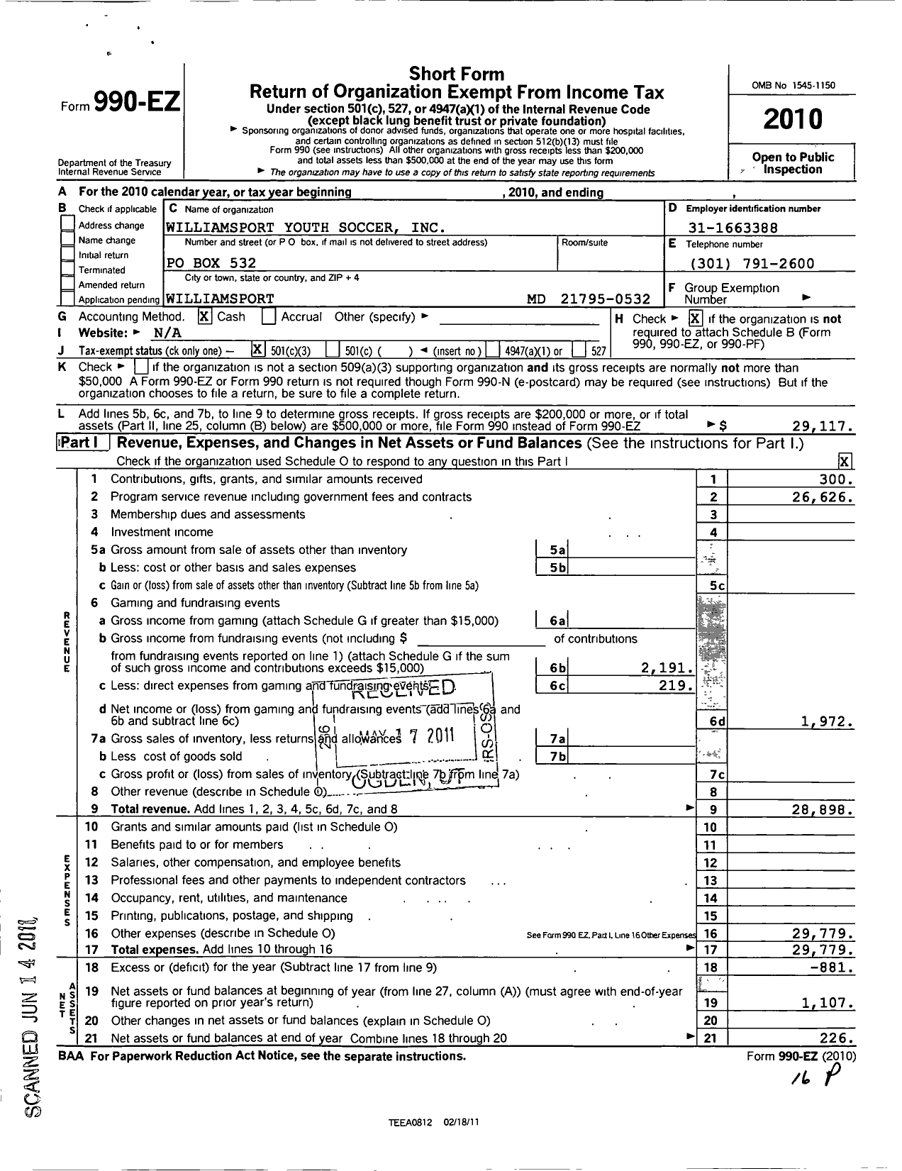 Image of first page of 2010 Form 990EZ for Williamsport Youth Soccer