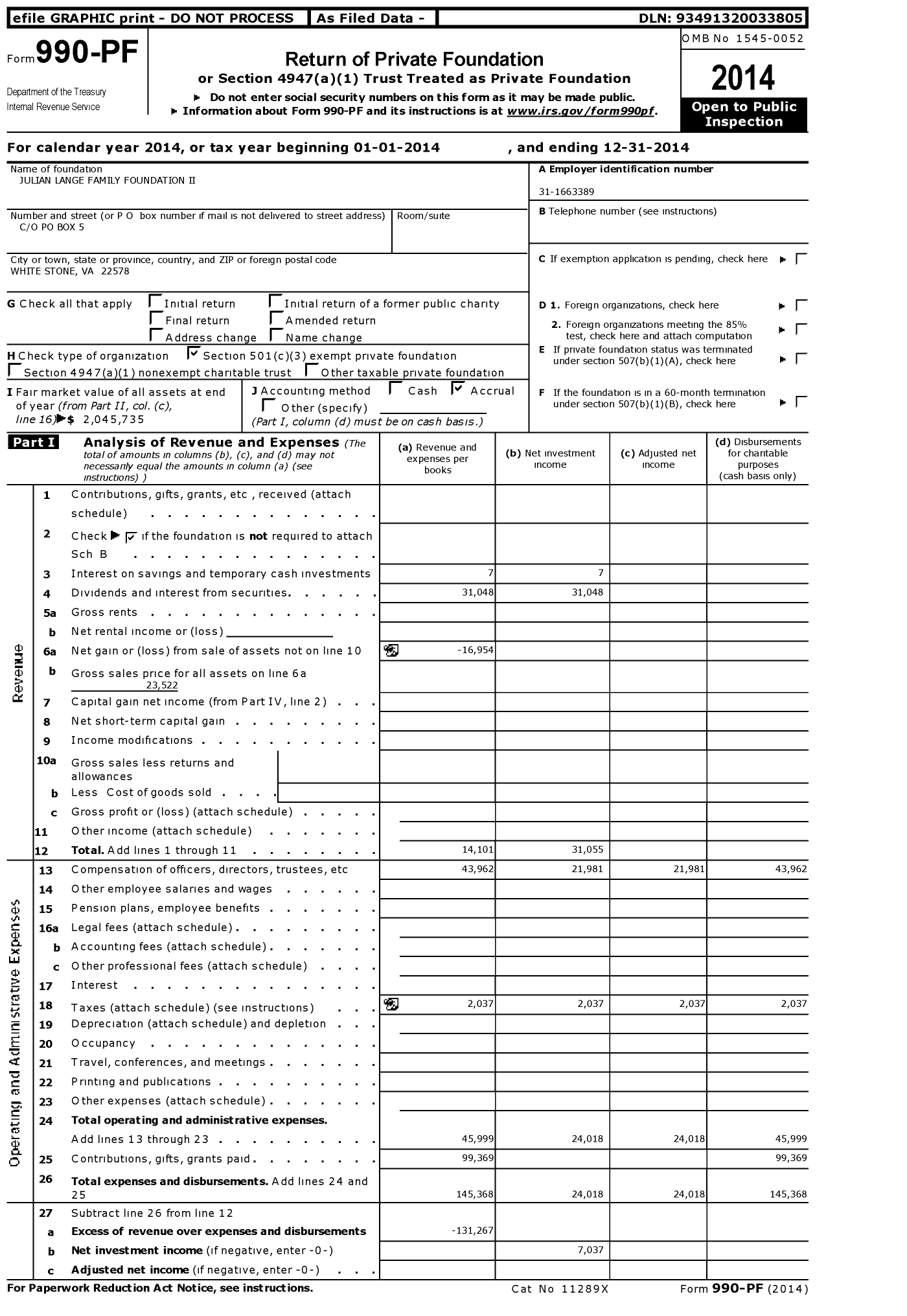 Image of first page of 2014 Form 990PF for Julian Lange Family Foundation Ii