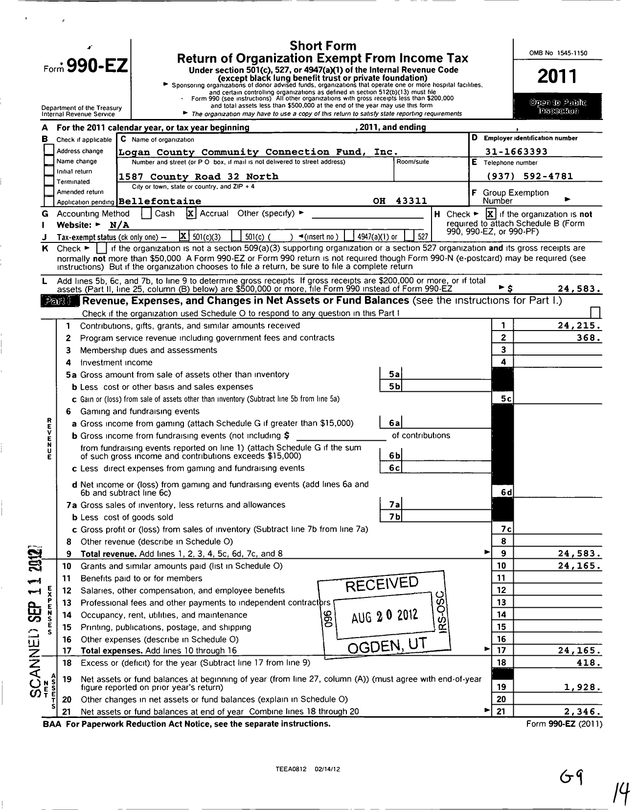 Image of first page of 2011 Form 990EZ for Logan County Community Connection Fund