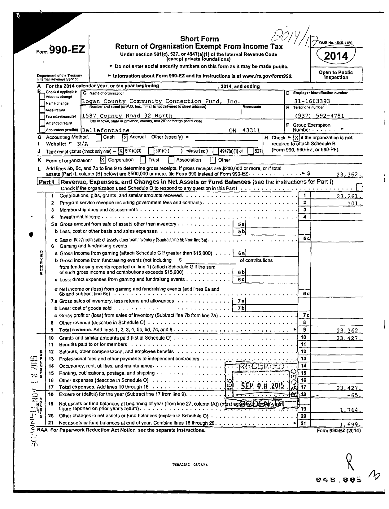 Image of first page of 2014 Form 990EZ for Logan County Community Connection Fund