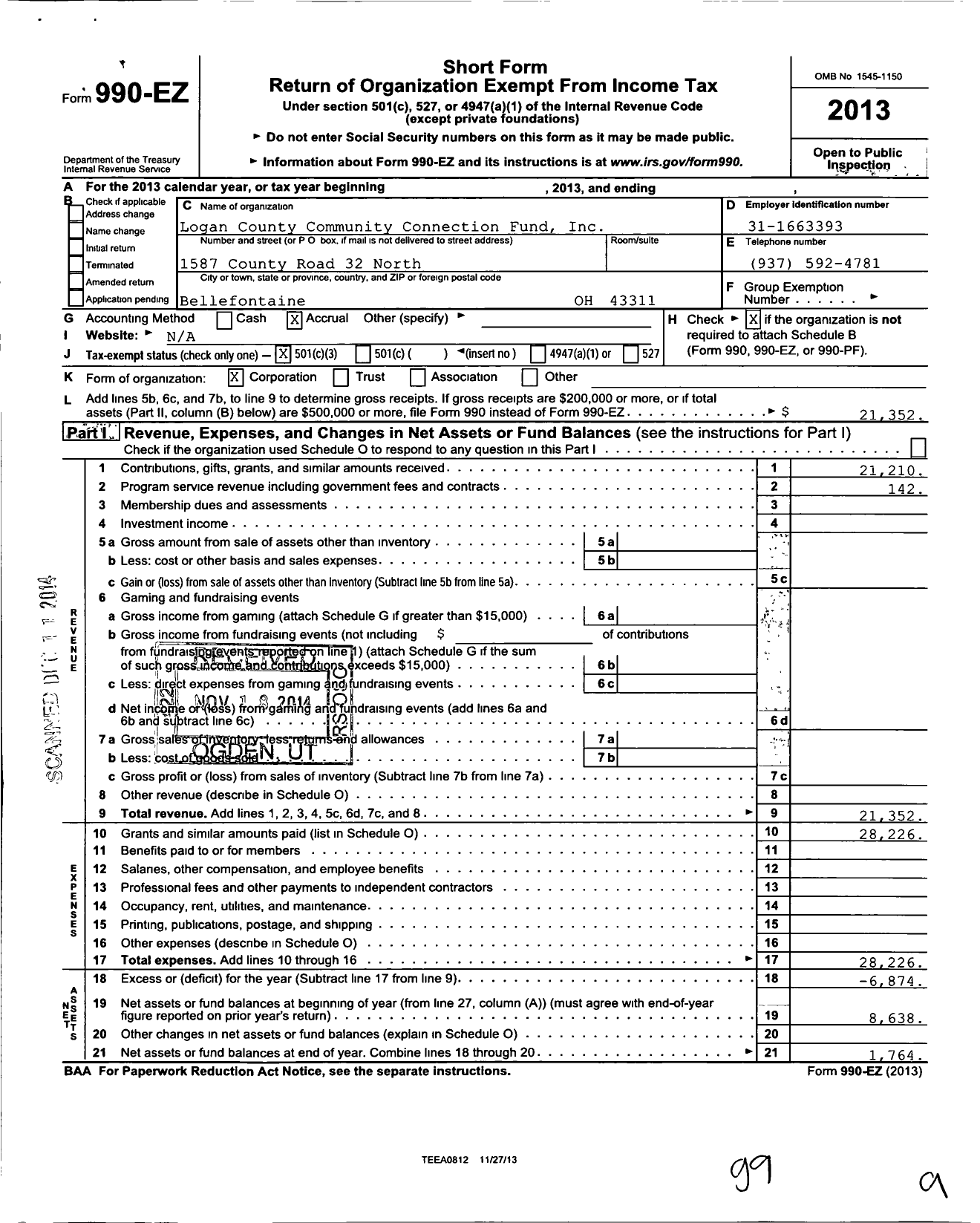 Image of first page of 2013 Form 990EZ for Logan County Community Connection Fund