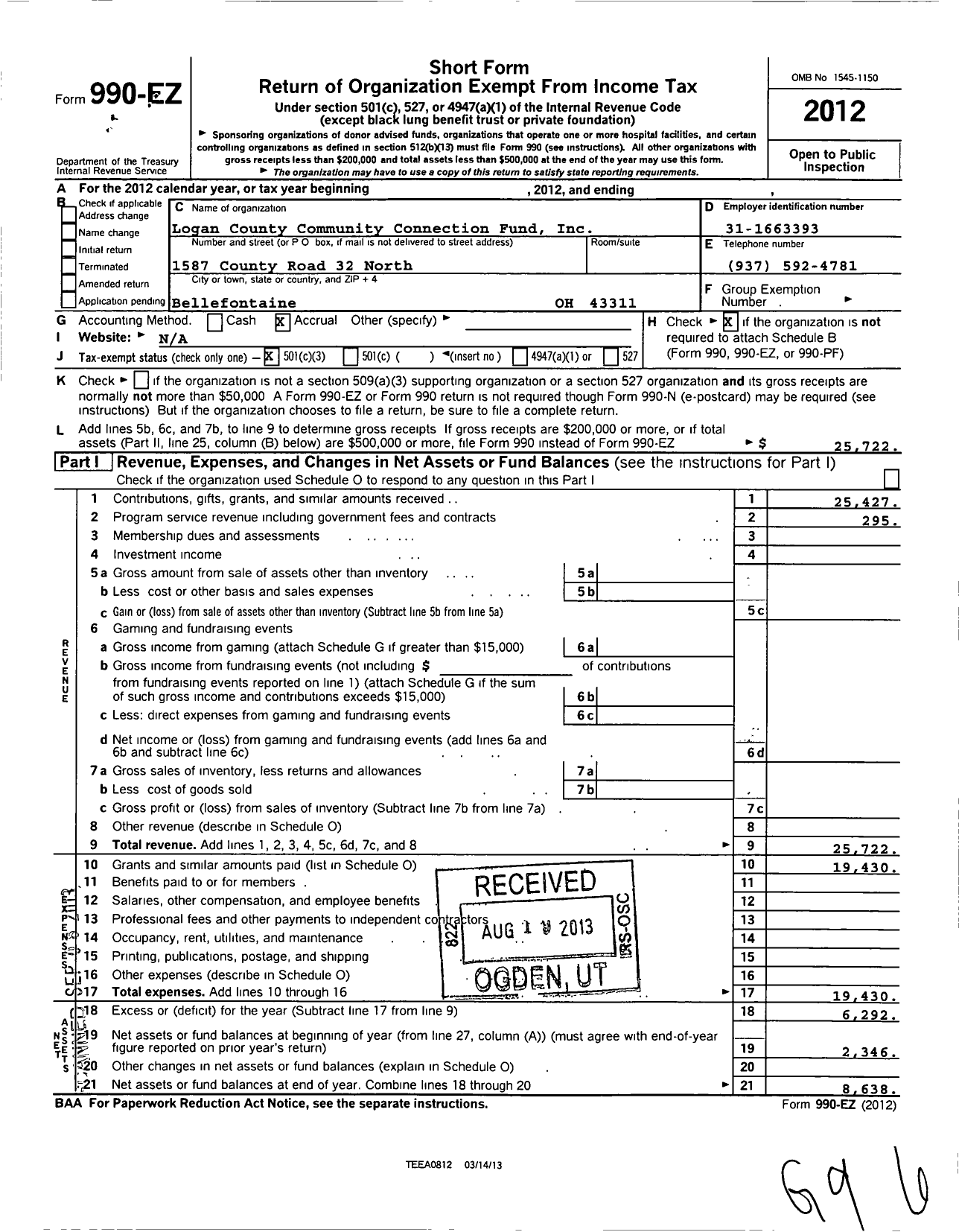 Image of first page of 2012 Form 990EZ for Logan County Community Connection Fund