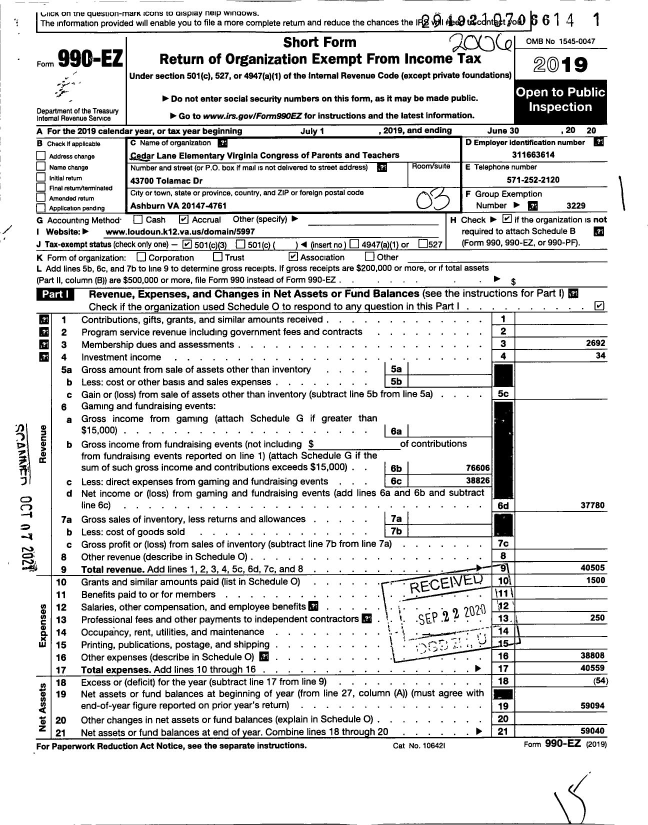 Image of first page of 2019 Form 990EZ for Virginia PTA - Cedar Lane Elementary School PTA