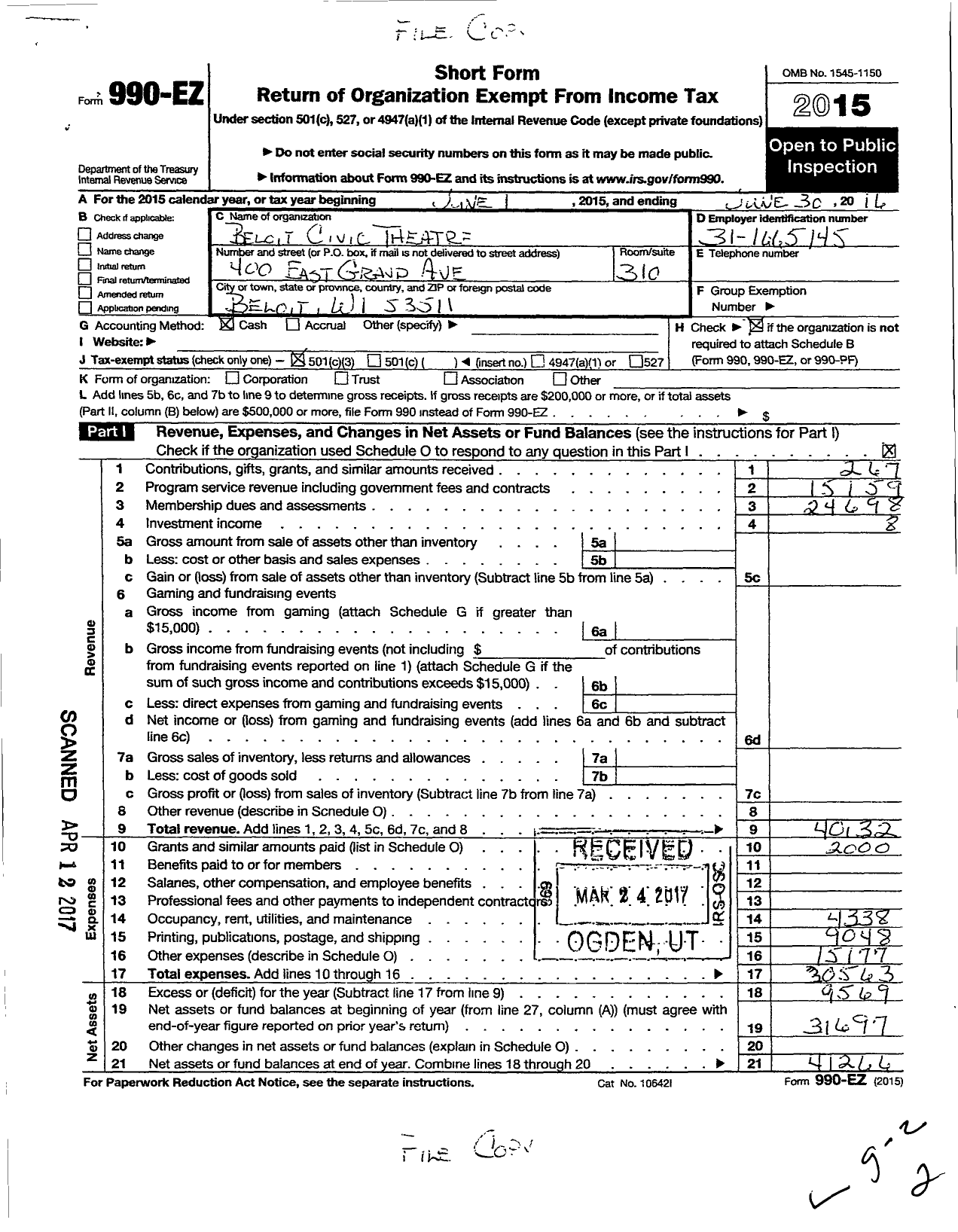 Image of first page of 2015 Form 990EZ for Beloit Civic Theatre