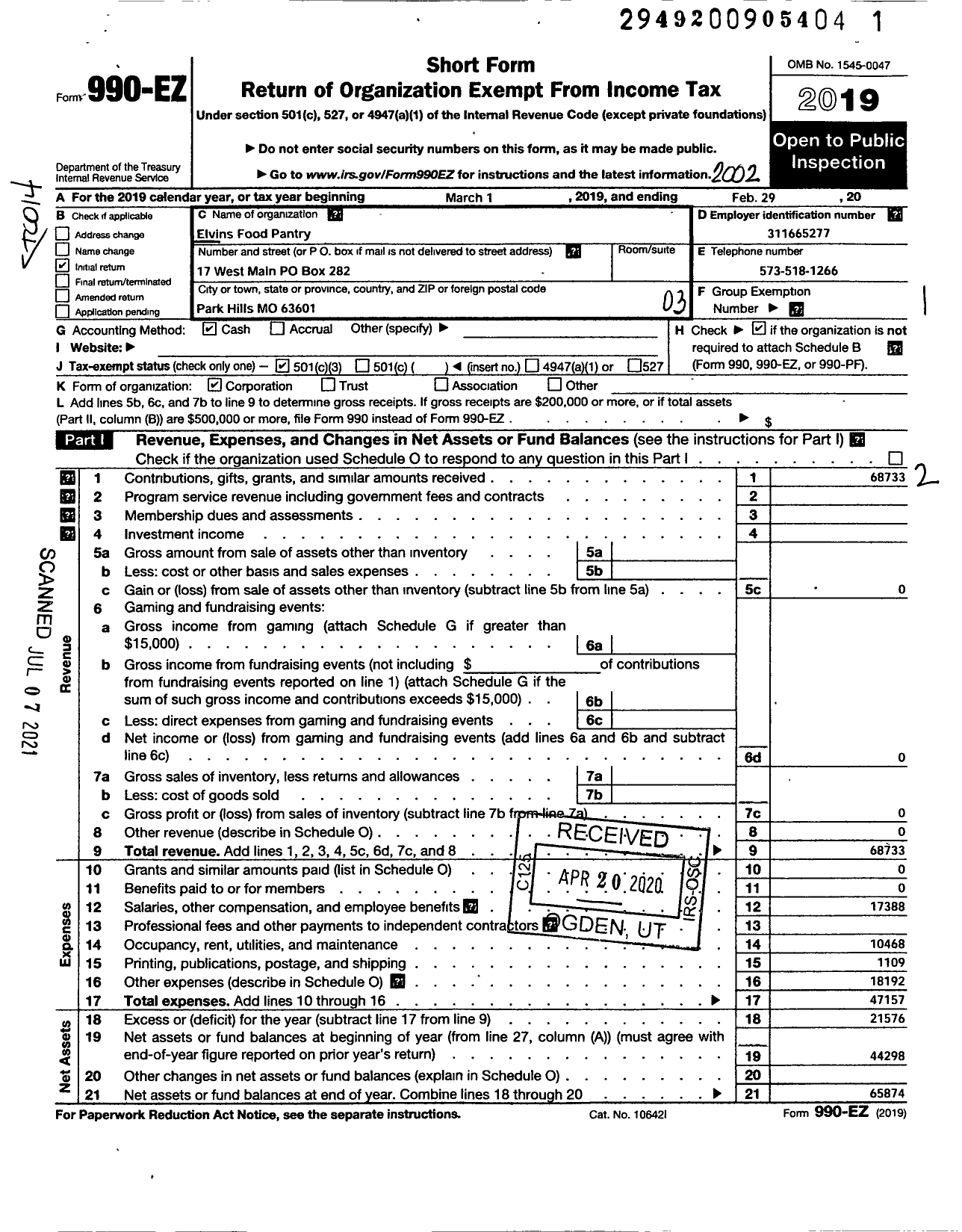 Image of first page of 2019 Form 990EZ for Elvins Food Pantry