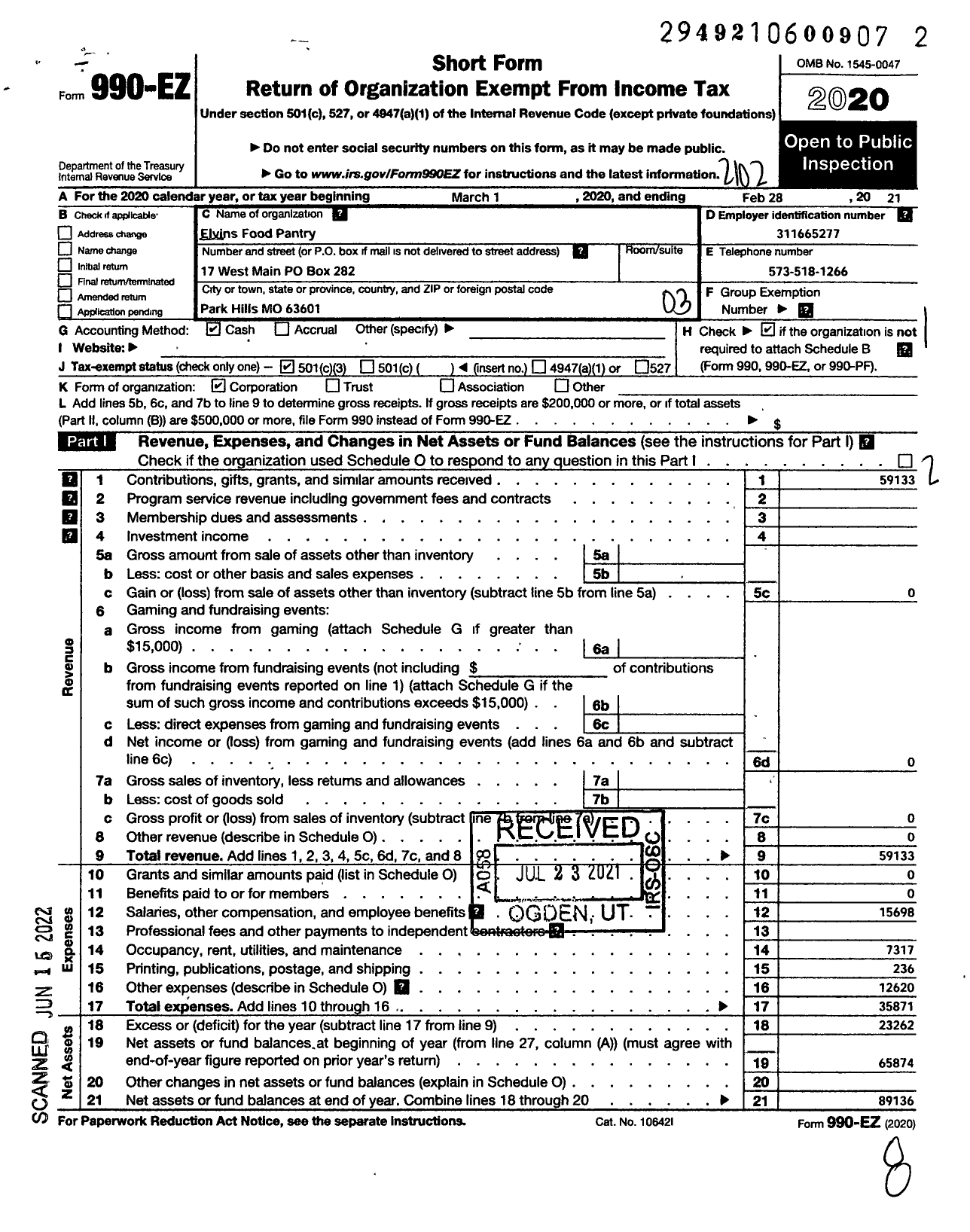 Image of first page of 2020 Form 990EZ for Elvins Food Pantry