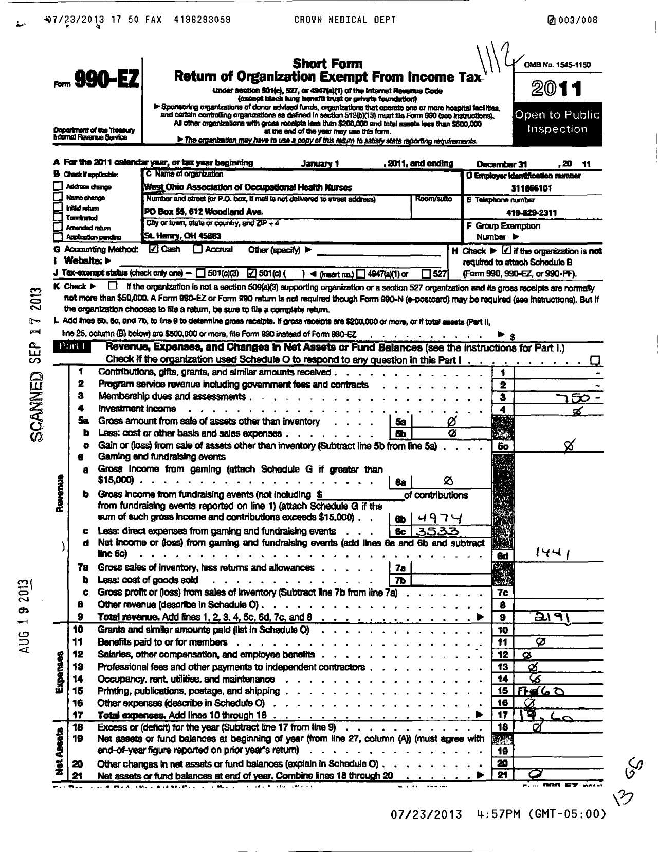 Image of first page of 2011 Form 990EO for West Ohio Association of Occupational Health Nurses (WOAOHN)