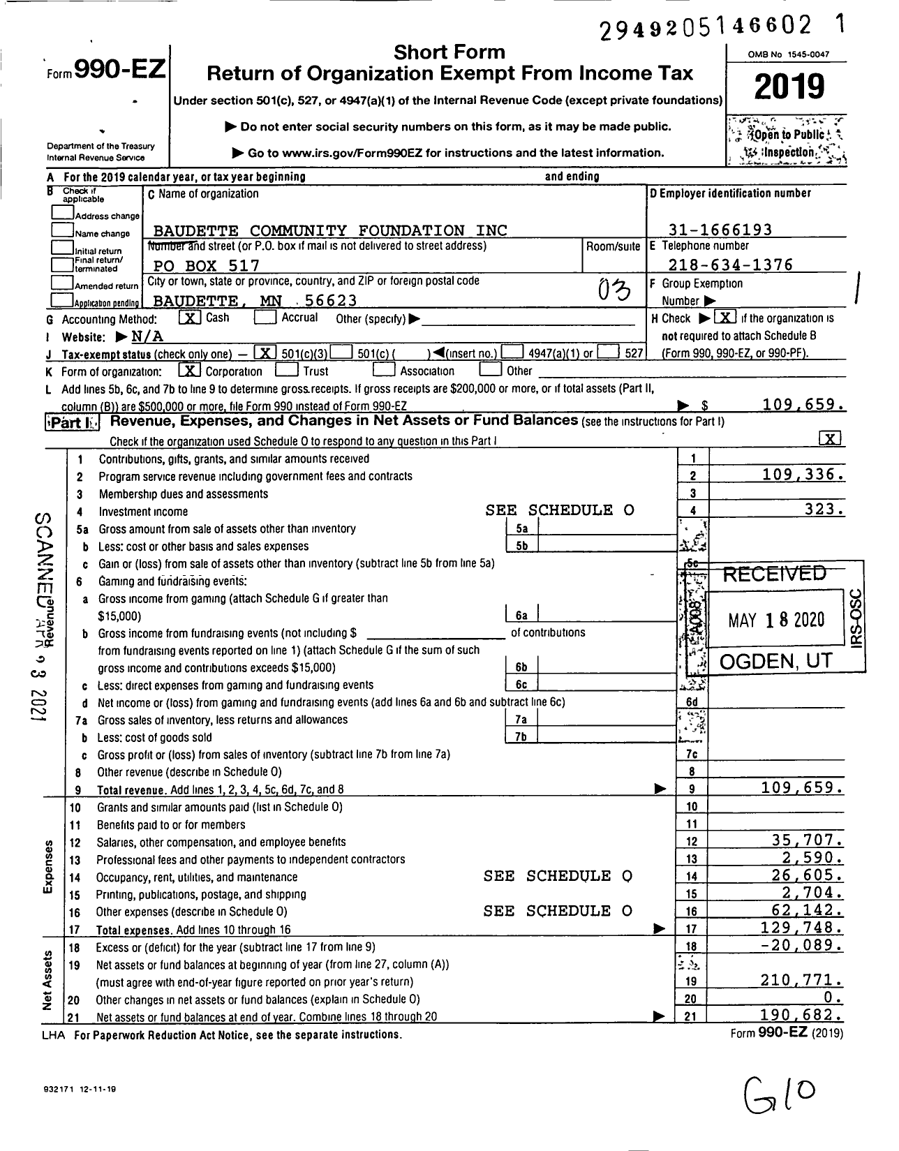 Image of first page of 2019 Form 990EZ for Baudette Community Foundation