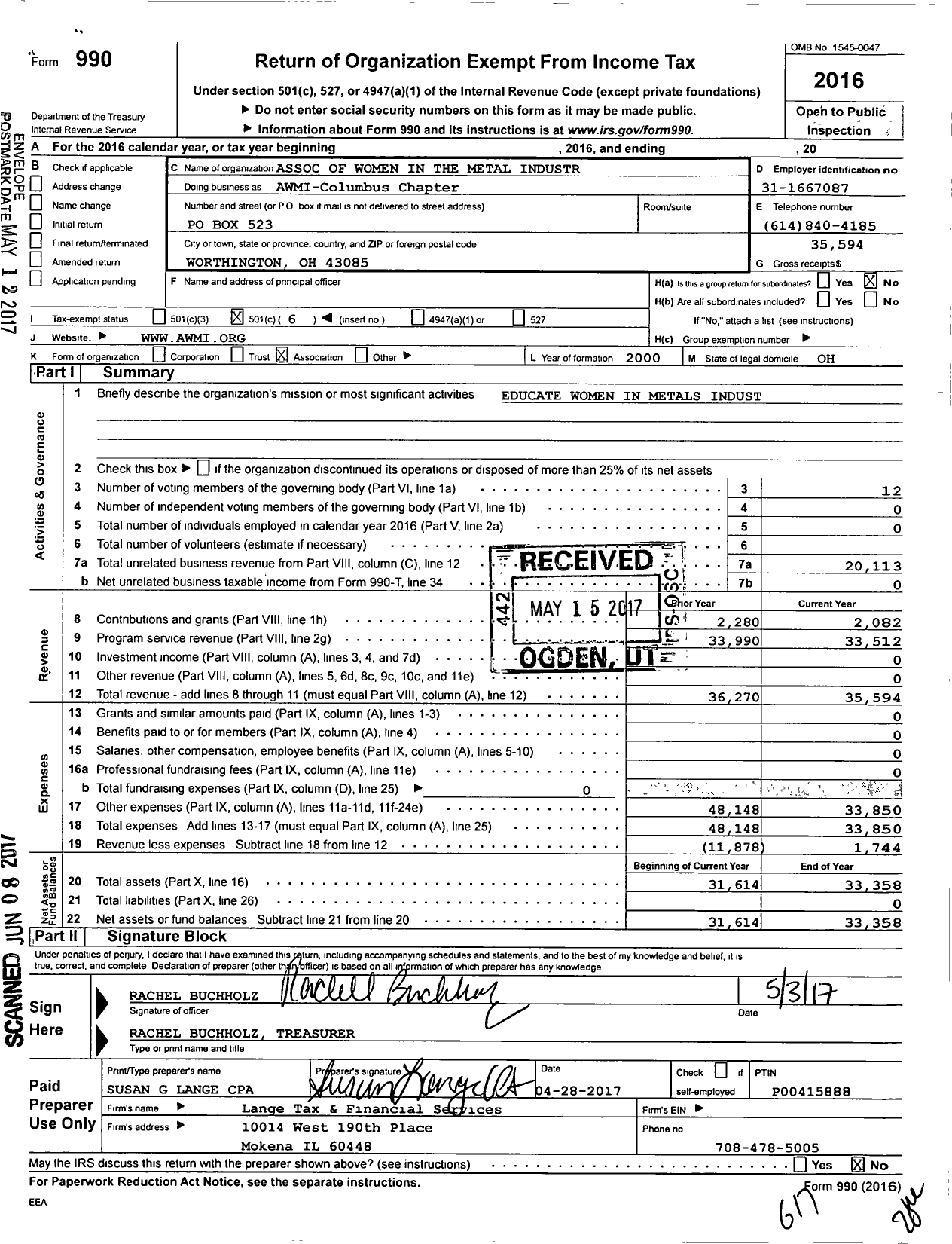 Image of first page of 2016 Form 990O for Association of Women in the Metal Industries / Brenda Schulz