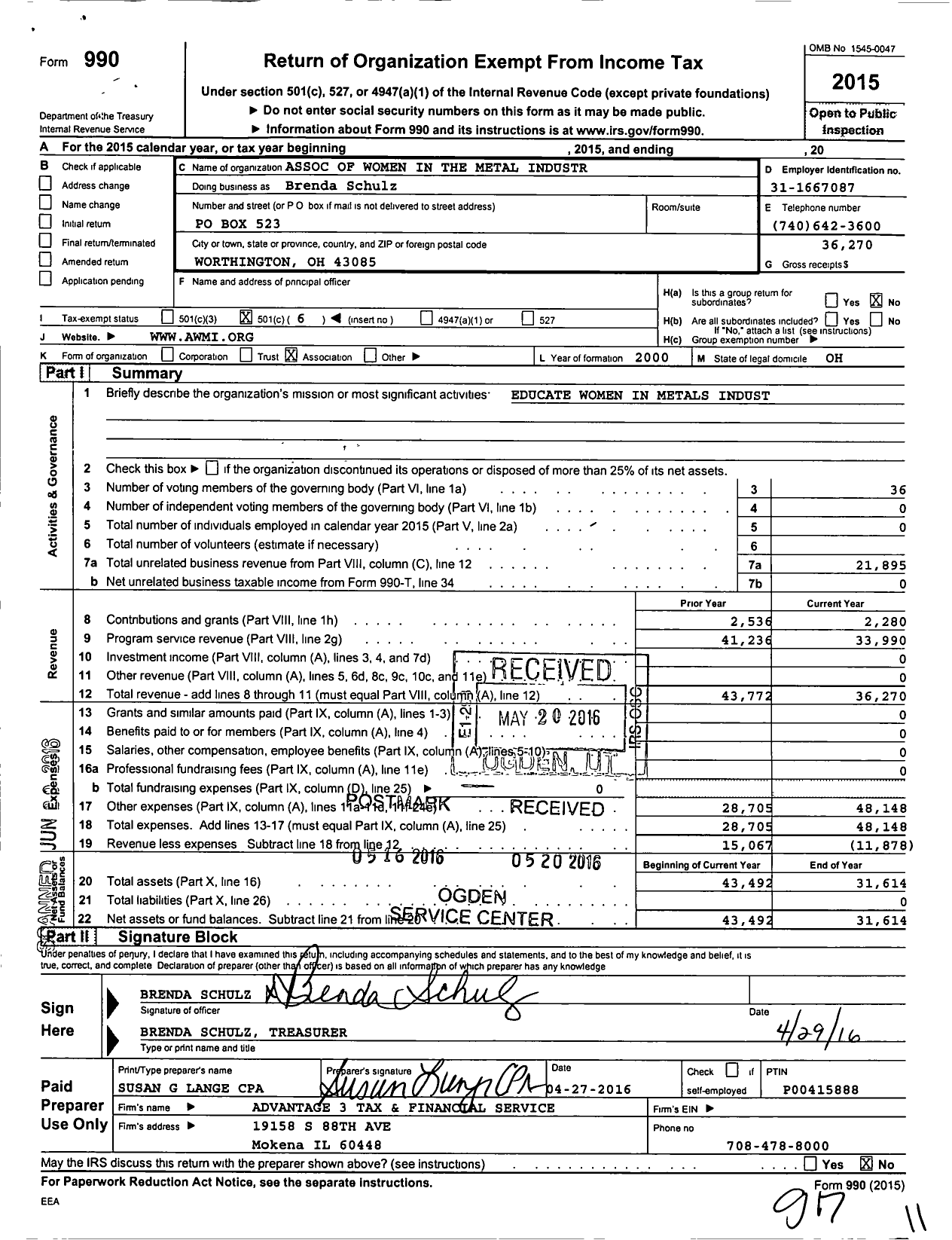 Image of first page of 2015 Form 990O for Association of Women in the Metal Industries / Brenda Schulz