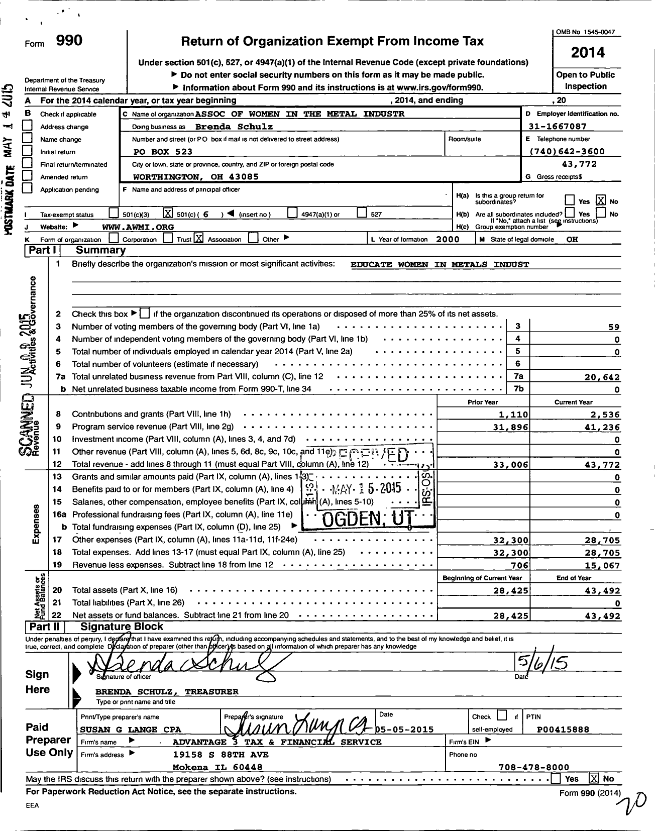 Image of first page of 2014 Form 990O for Association of Women in the Metal Industries / Brenda Schulz