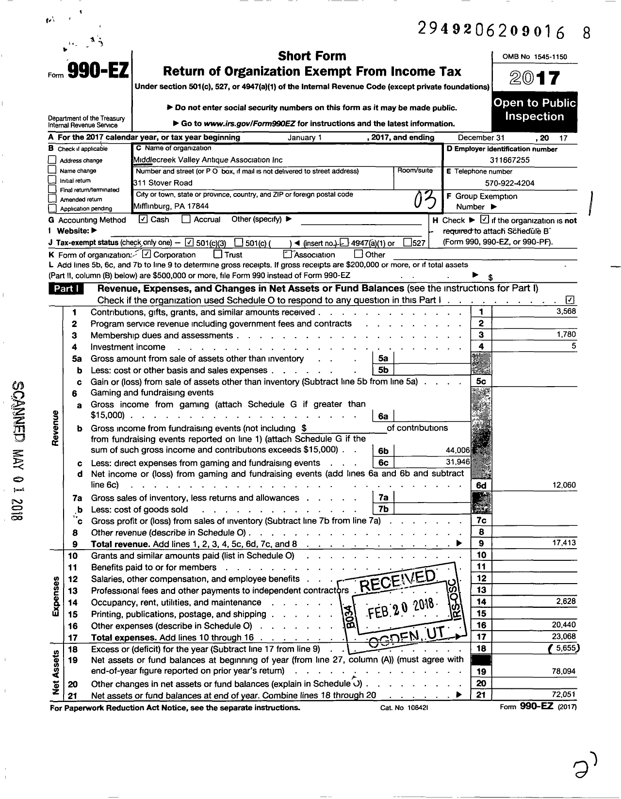 Image of first page of 2017 Form 990EZ for Middlecreek Valley Antique Association