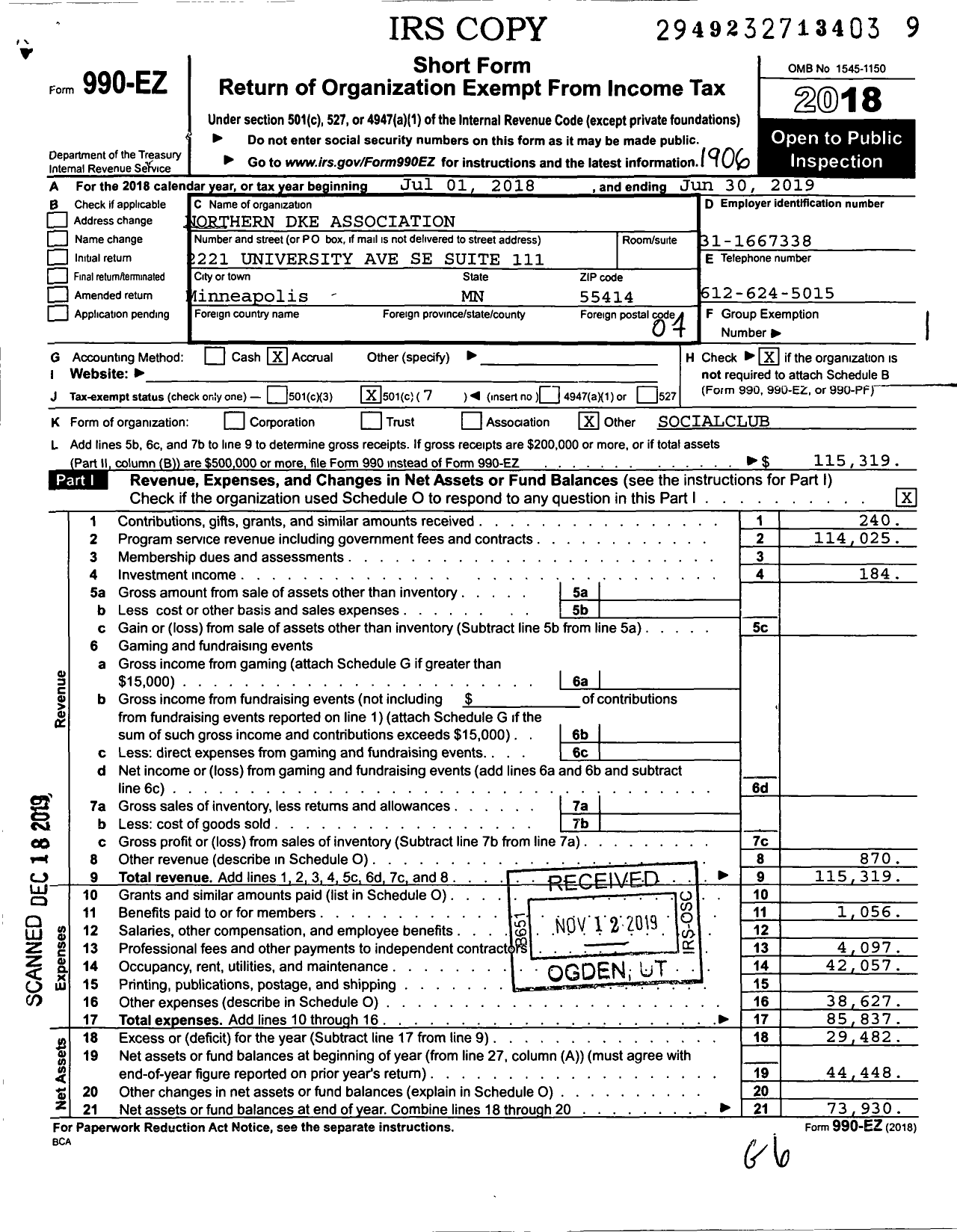 Image of first page of 2018 Form 990EO for Northern Dke Association