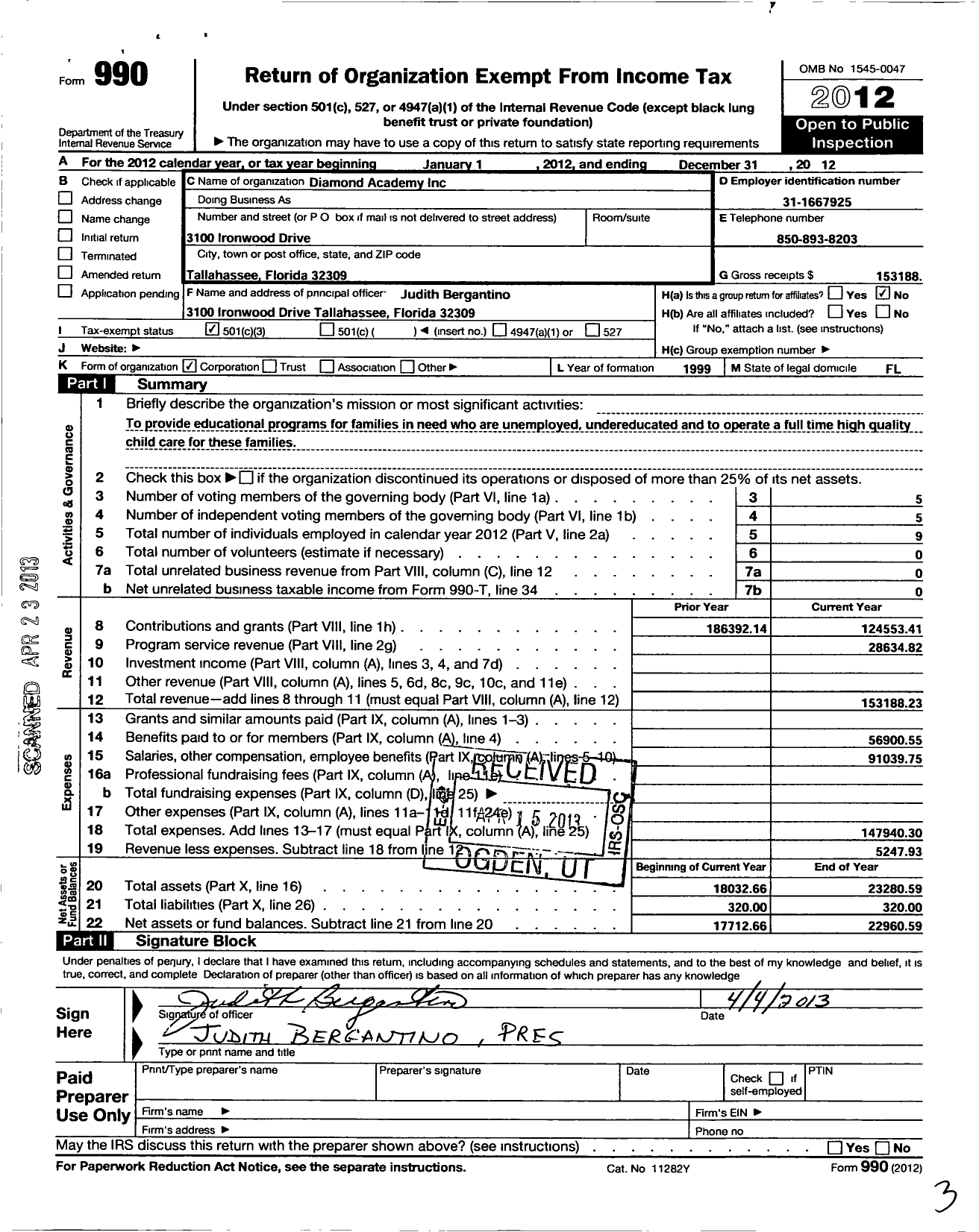 Image of first page of 2012 Form 990 for Diamond Academy