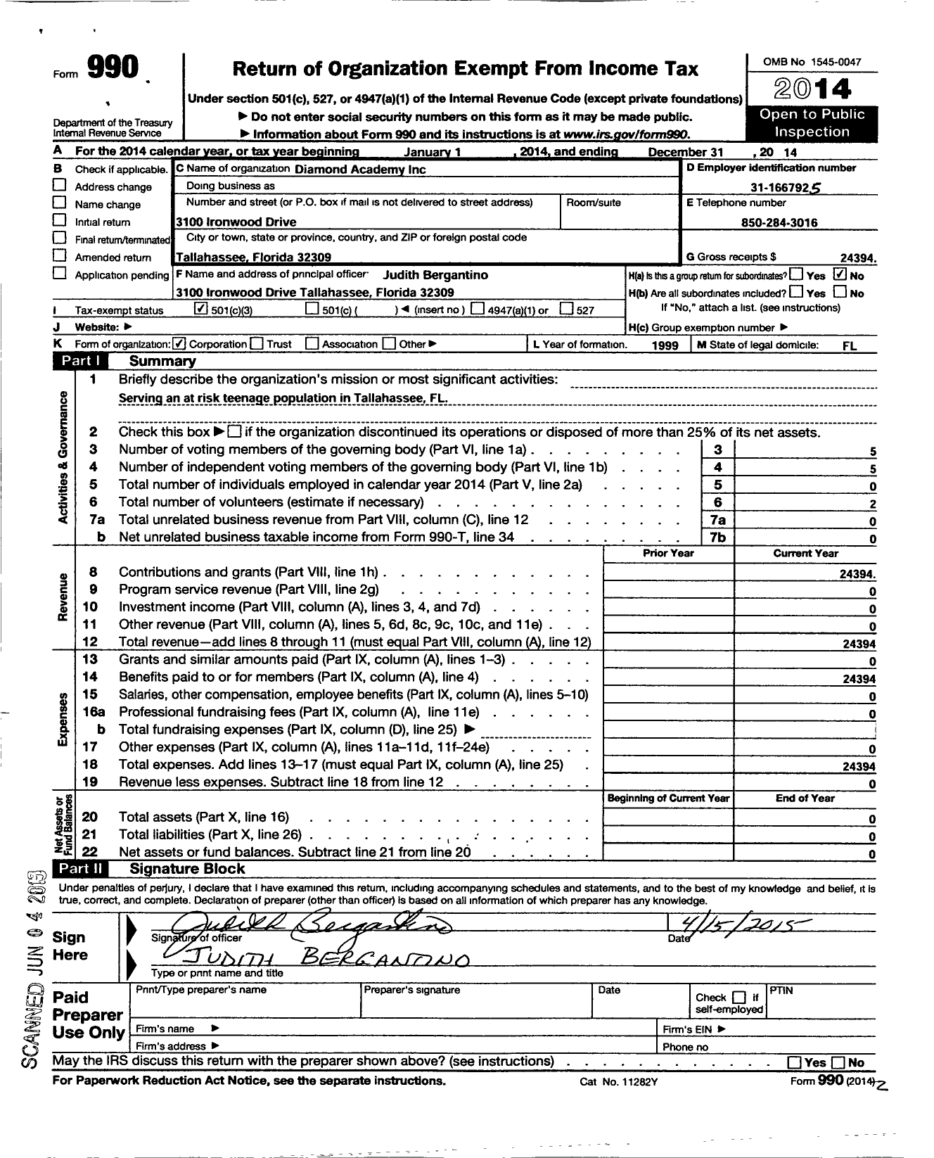 Image of first page of 2014 Form 990 for Diamond Academy