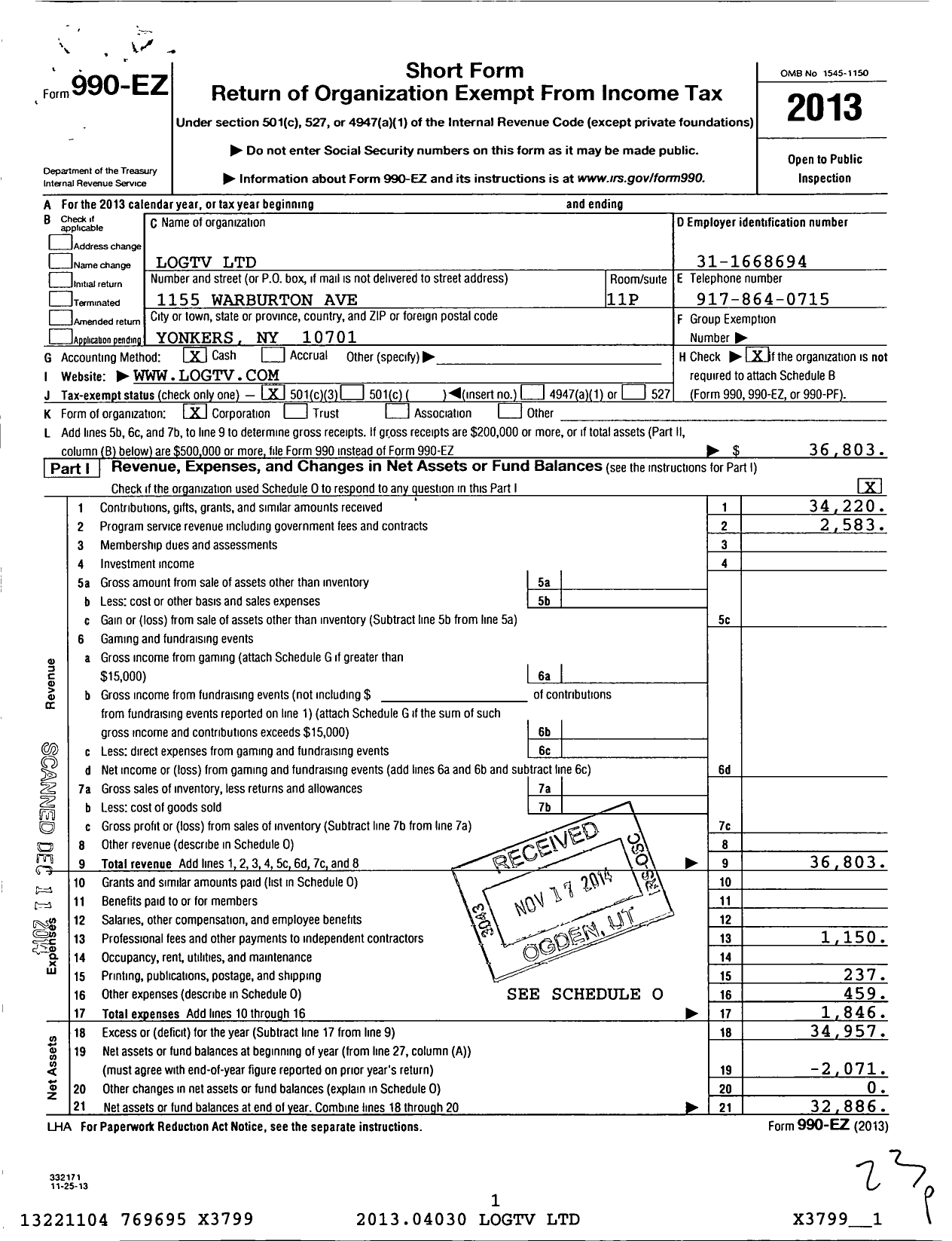 Image of first page of 2013 Form 990EZ for Logtv