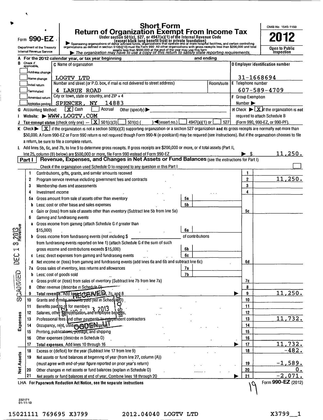 Image of first page of 2012 Form 990EZ for Logtv