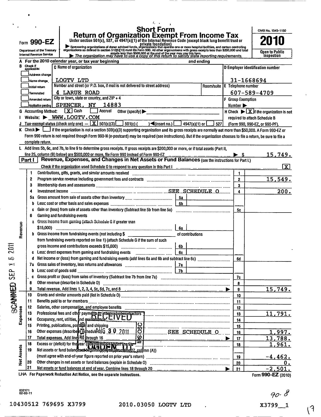 Image of first page of 2010 Form 990EZ for Logtv