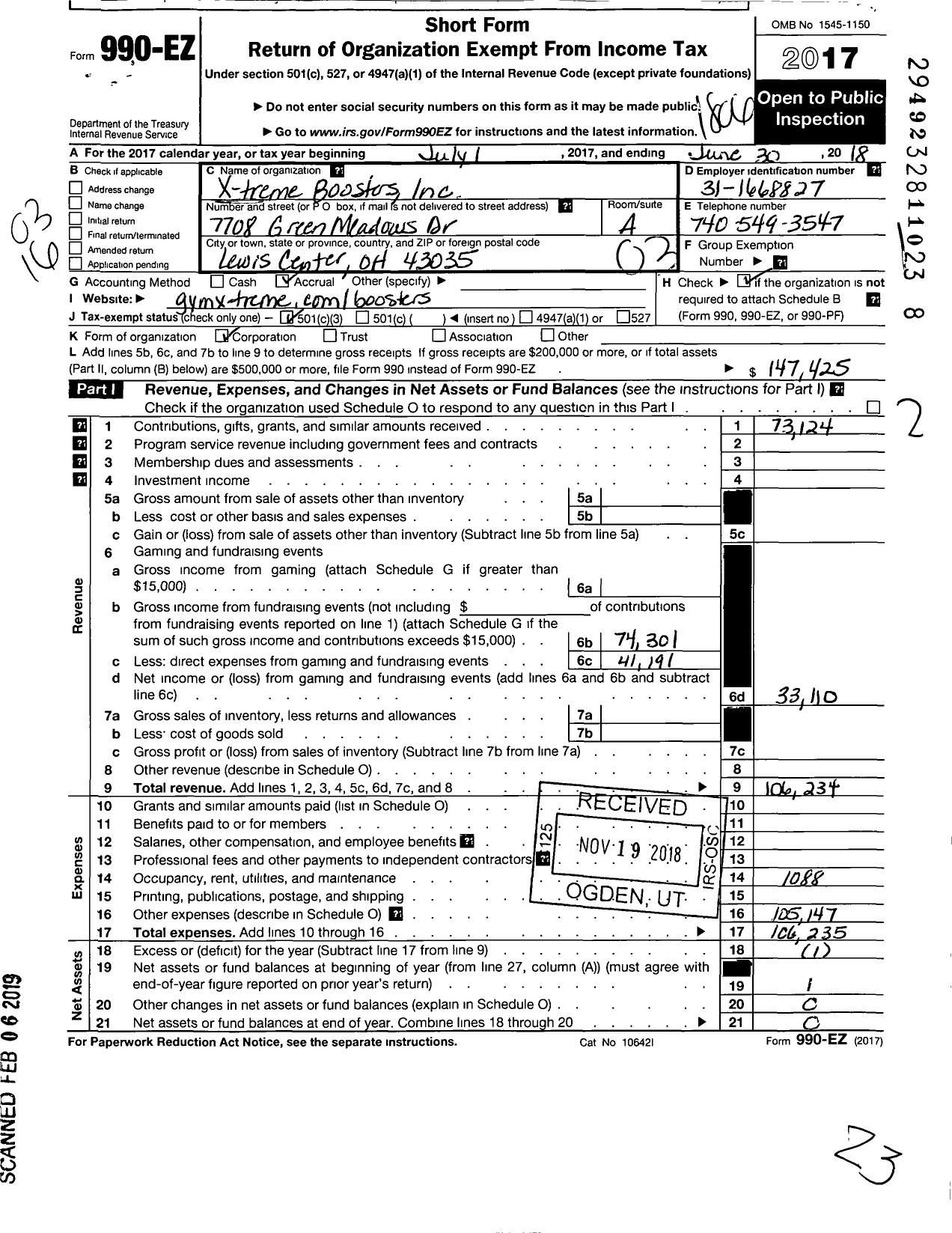 Image of first page of 2017 Form 990EZ for X-Treme Boosters