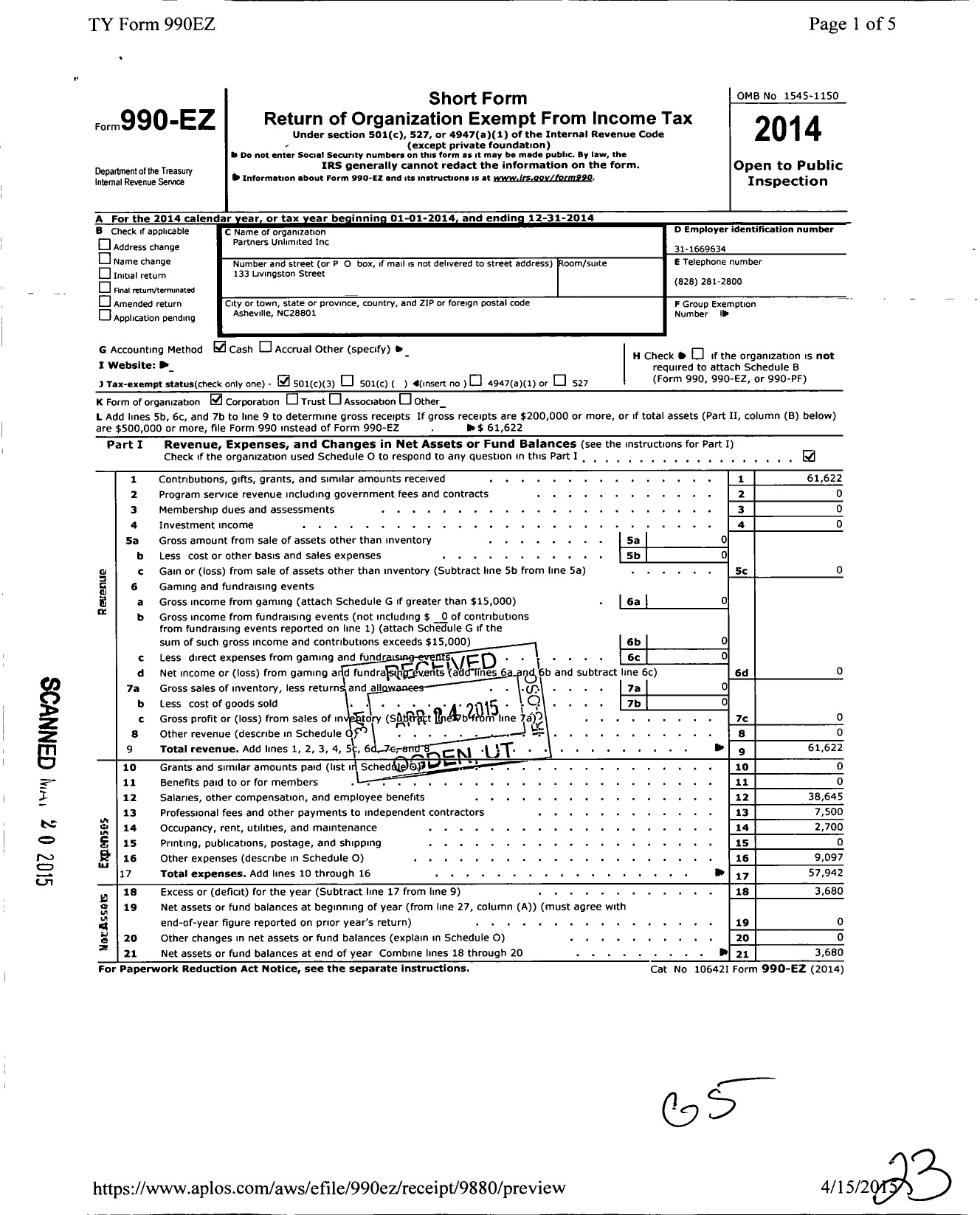 Image of first page of 2014 Form 990EZ for Partners Unlimited