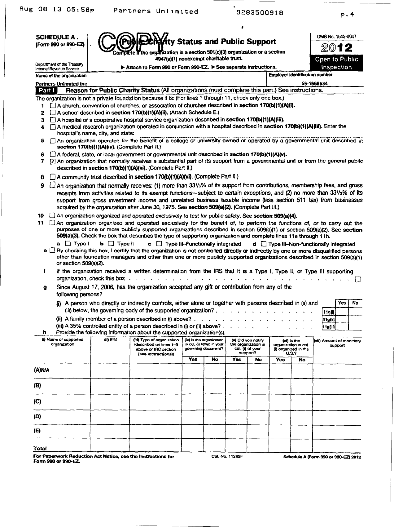 Image of first page of 2012 Form 990R for Partners Unlimited