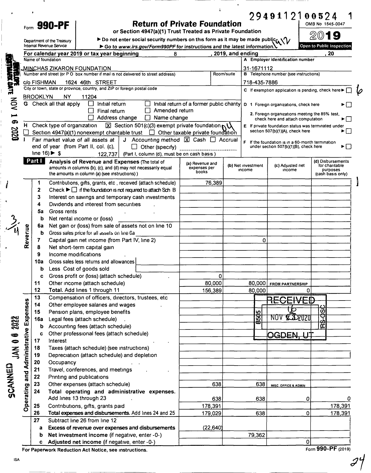 Image of first page of 2019 Form 990PF for Minchas Zikaron Foundation