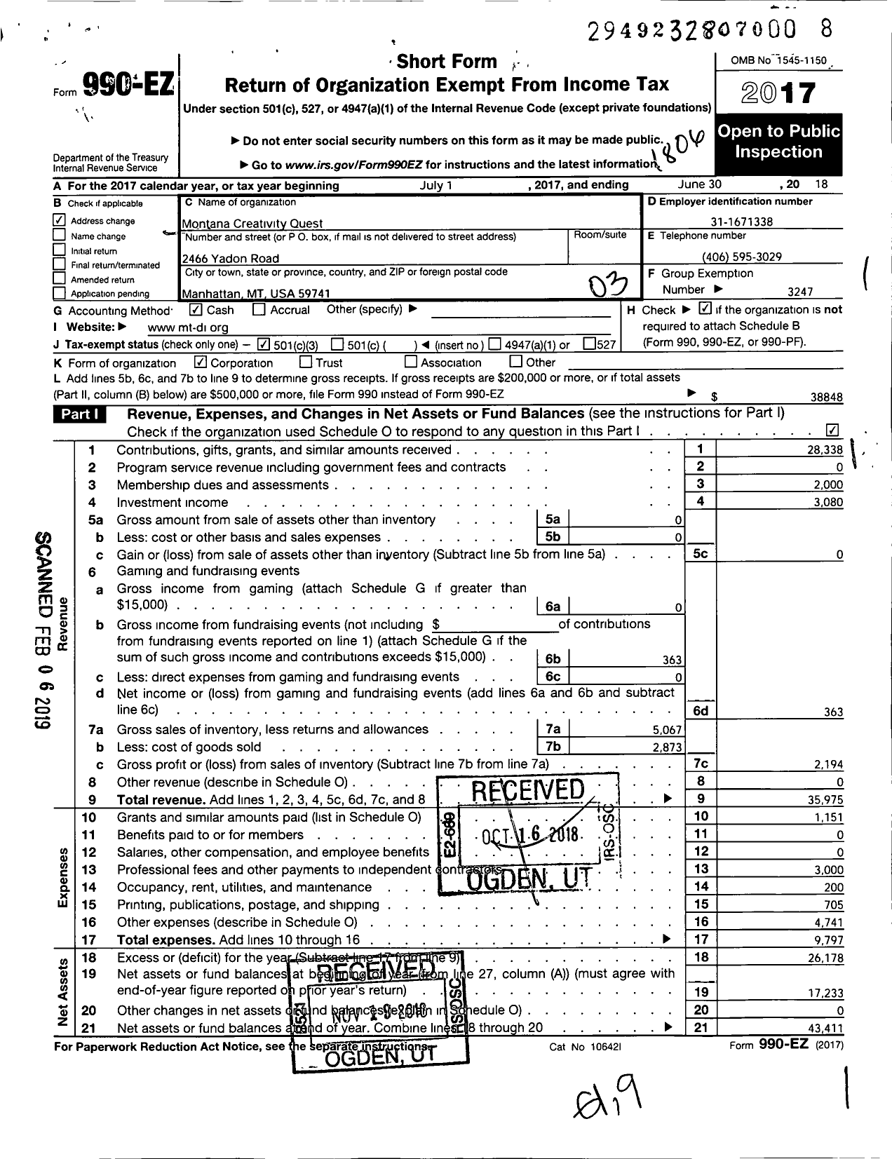 Image of first page of 2017 Form 990EZ for Montana Creativity Quest