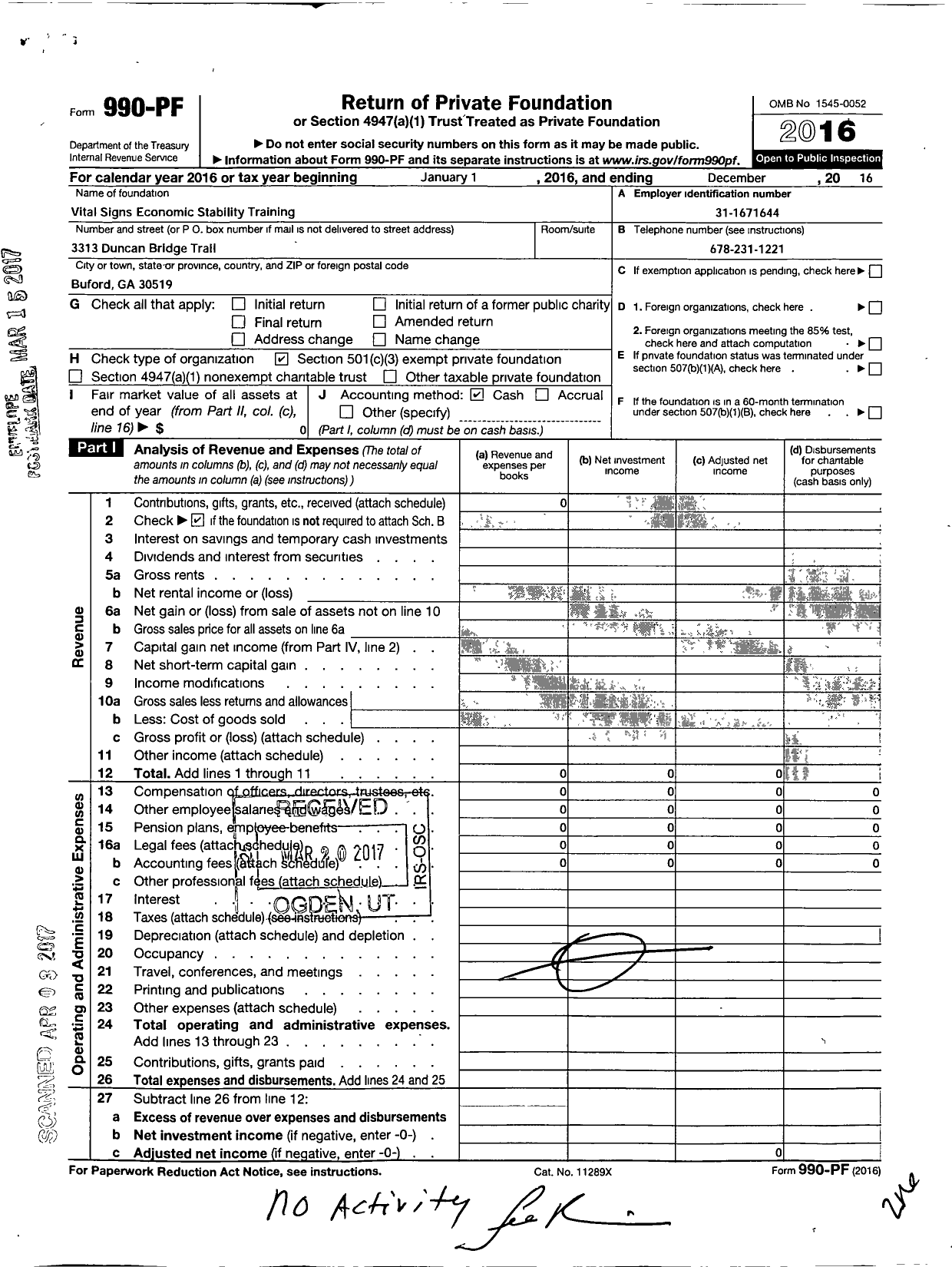Image of first page of 2016 Form 990PF for Vital Signs Economic Stability