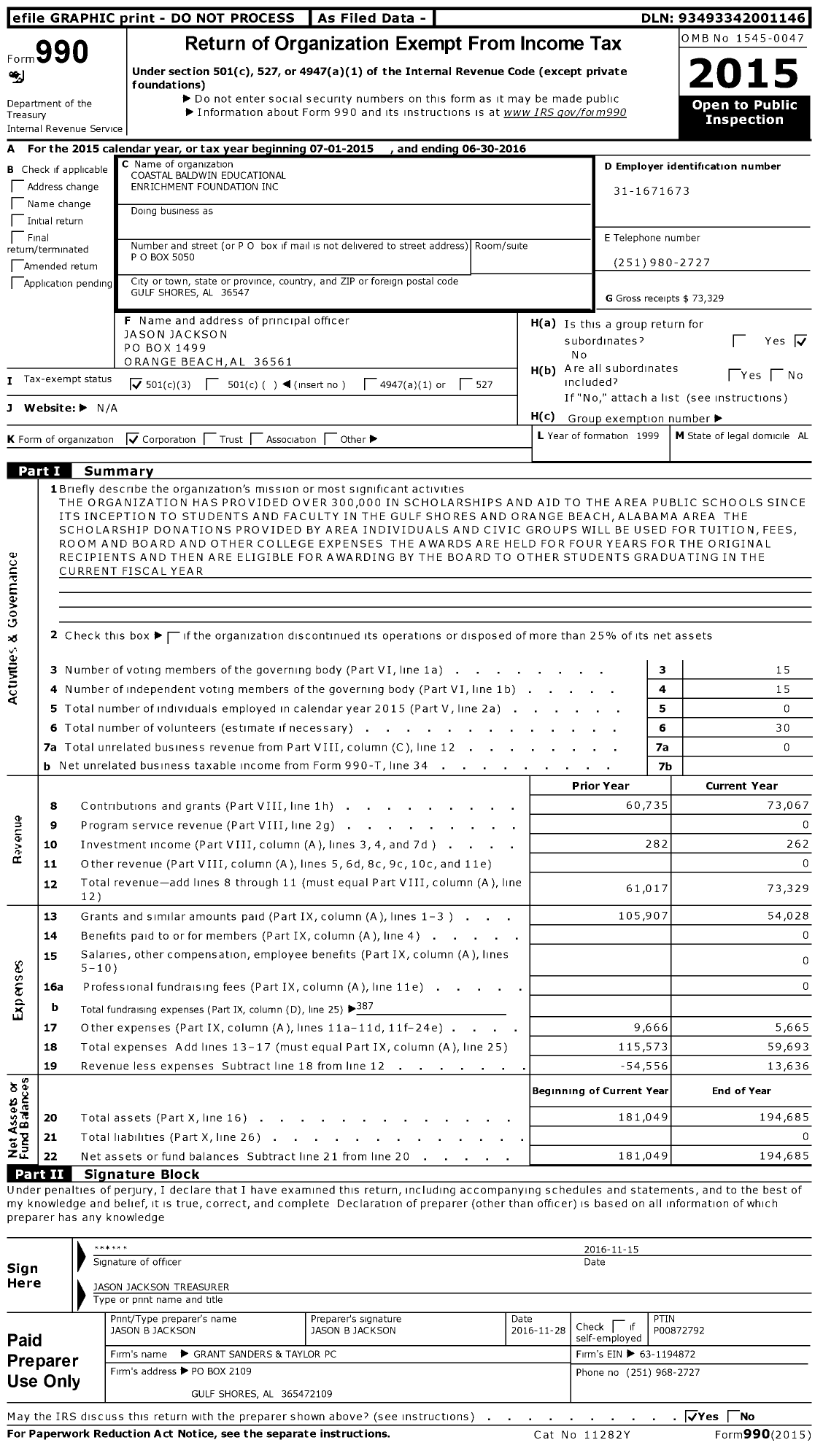 Image of first page of 2015 Form 990 for Coastal Baldwin Educational Enrichment Foundation