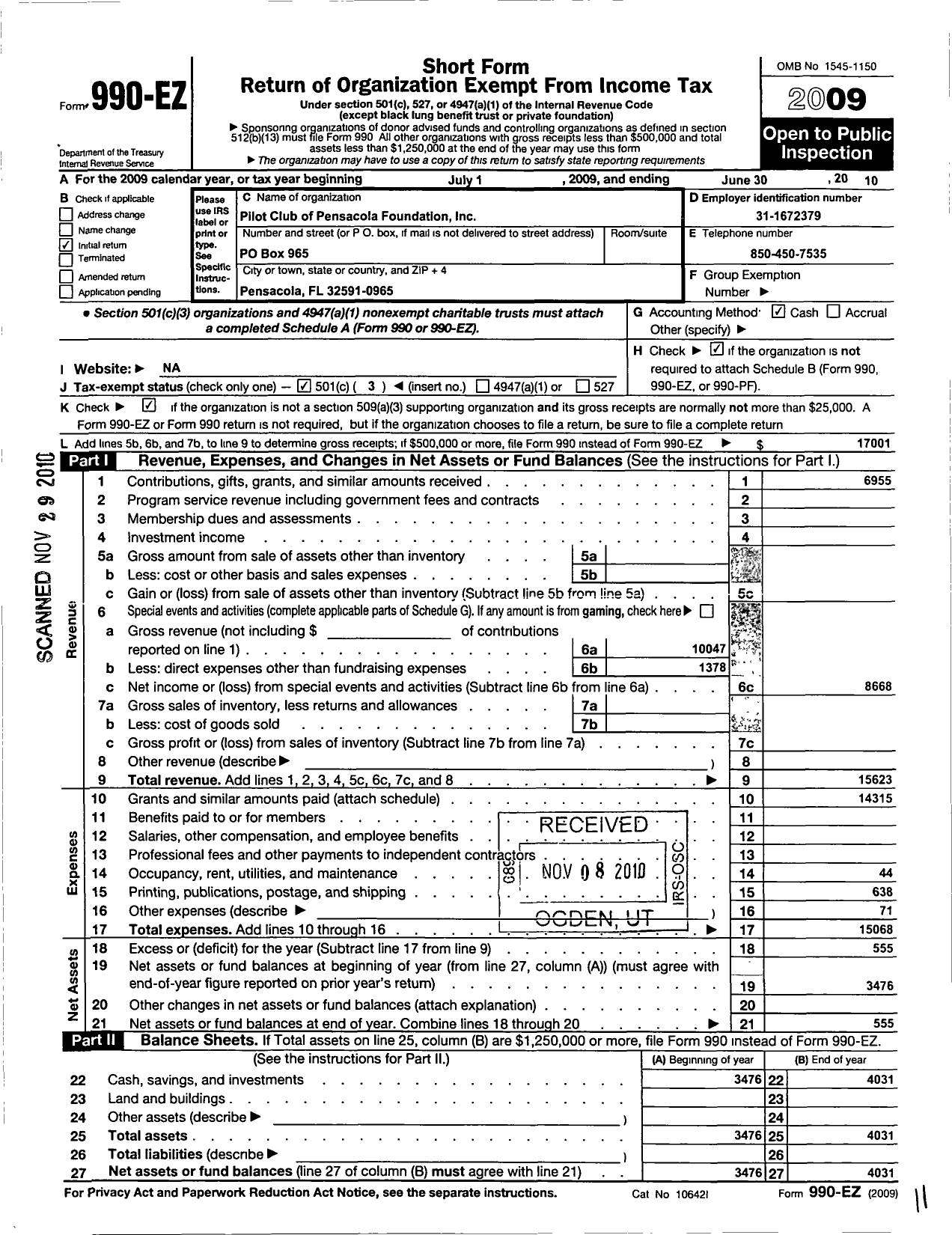 Image of first page of 2009 Form 990EZ for Pilot Club of Pensacola Foundation