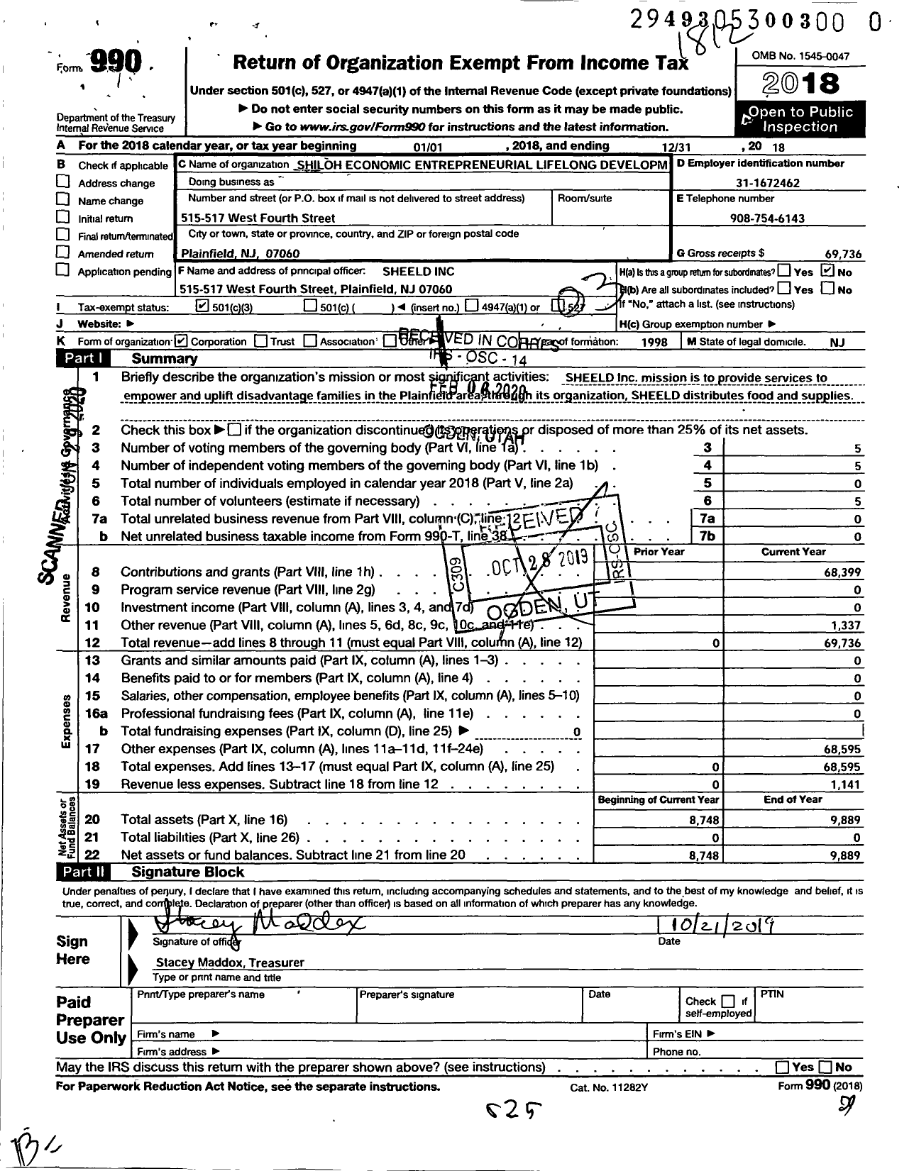 Image of first page of 2018 Form 990 for Shiloh Economic Entrepreneurial Lifelong Development Corporation