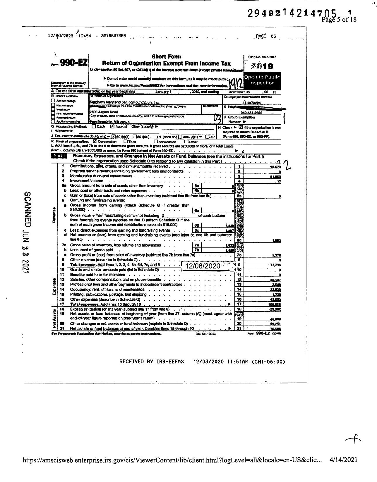 Image of first page of 2019 Form 990EZ for Southern Maryland Sailing Foundation