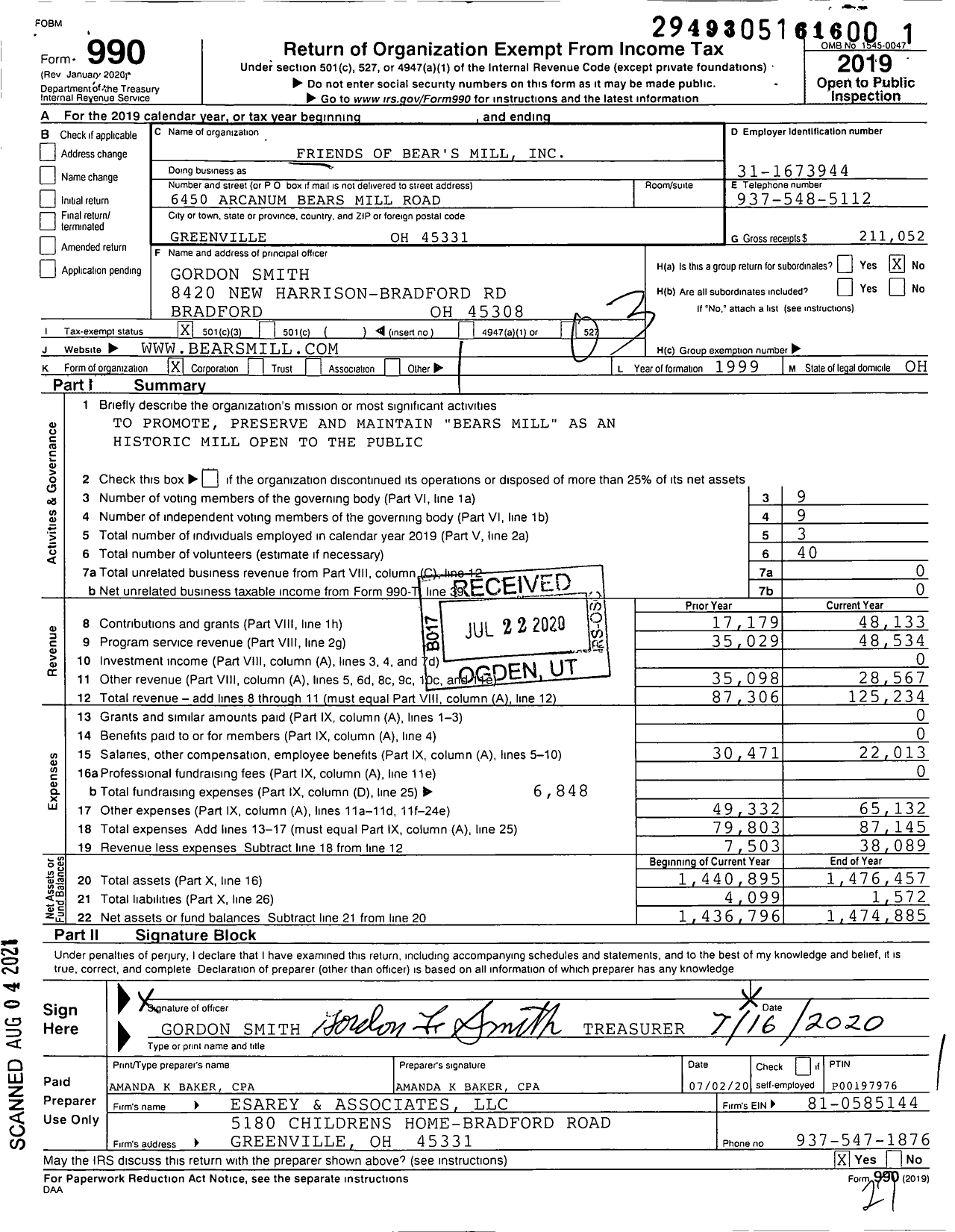 Image of first page of 2019 Form 990 for Friends of Bear's Mill