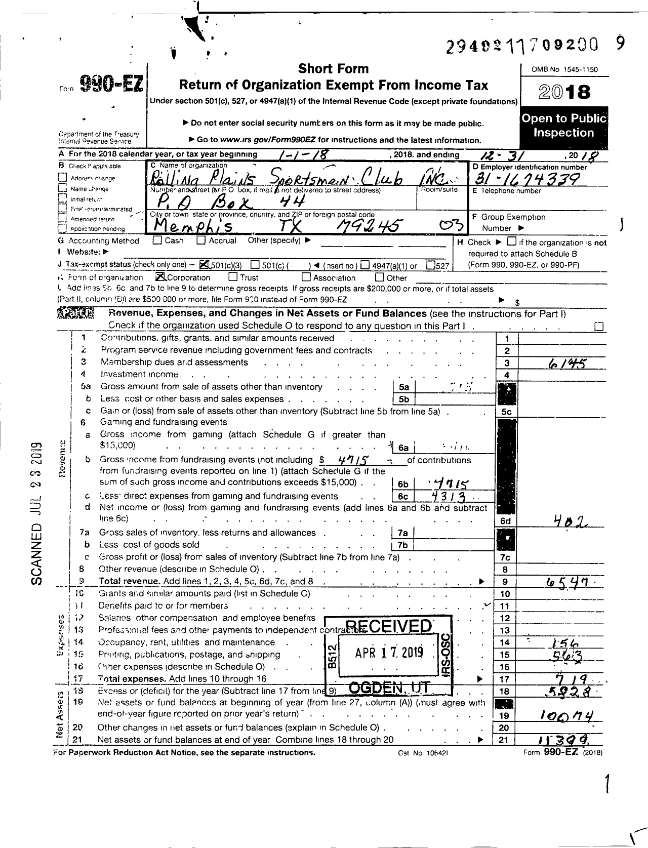Image of first page of 2018 Form 990EZ for Rolling Plains Sportsman Club