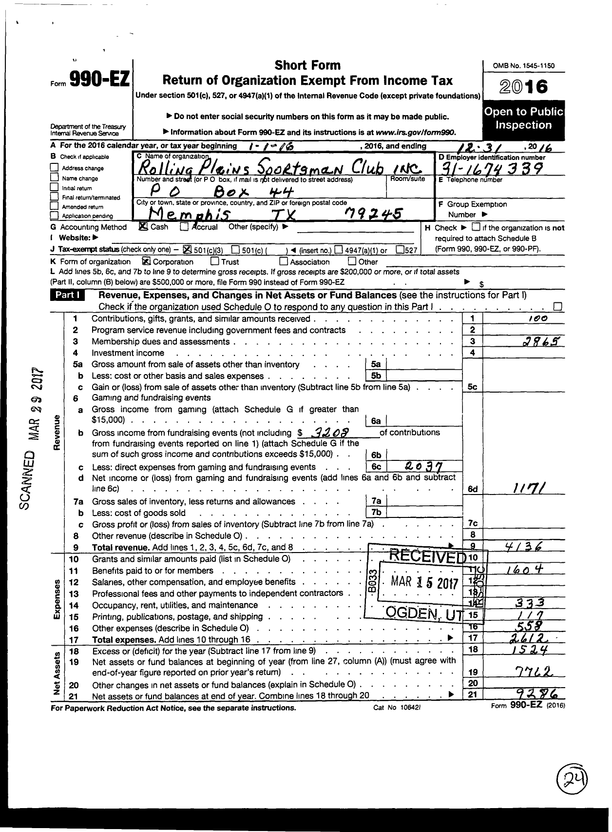 Image of first page of 2016 Form 990EZ for Rolling Plains Sportsman Club