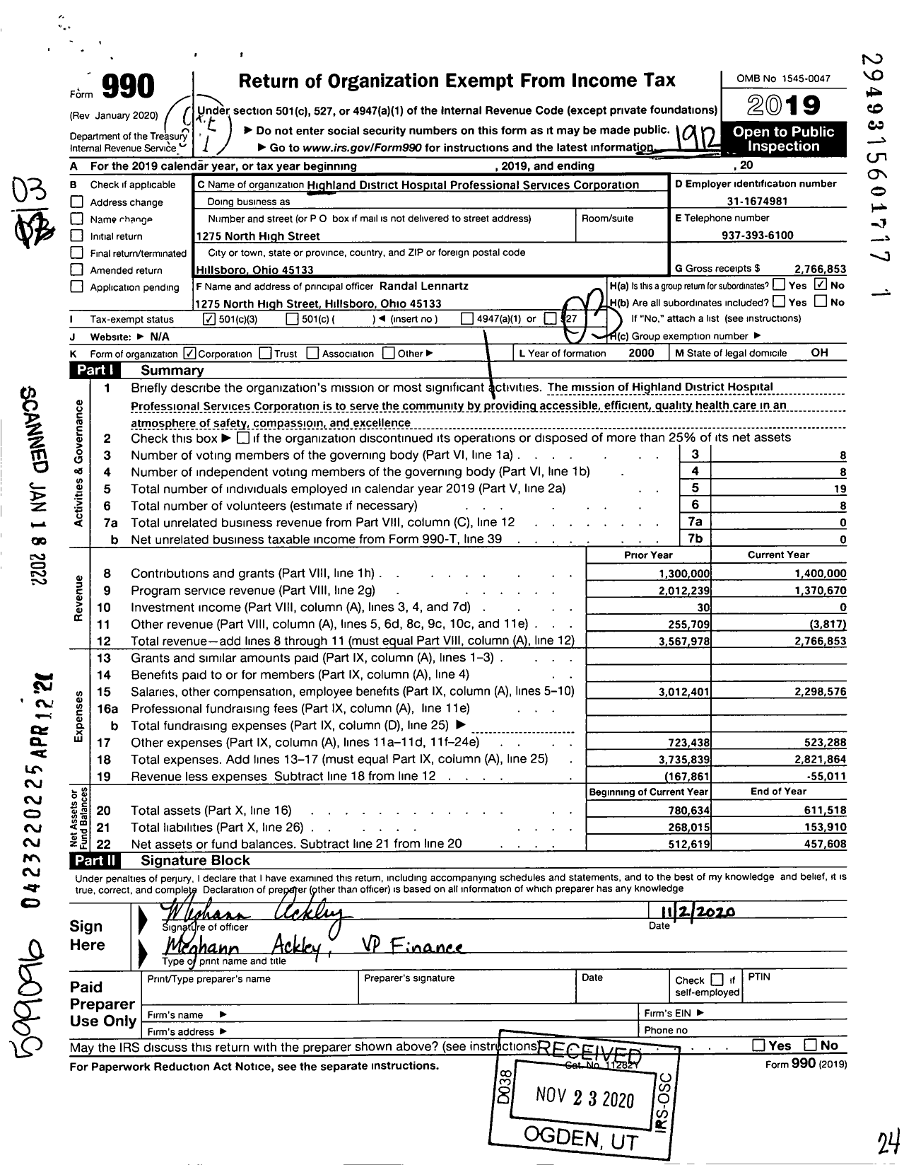 Image of first page of 2019 Form 990 for Highland District Hospital Professional Services Corporation