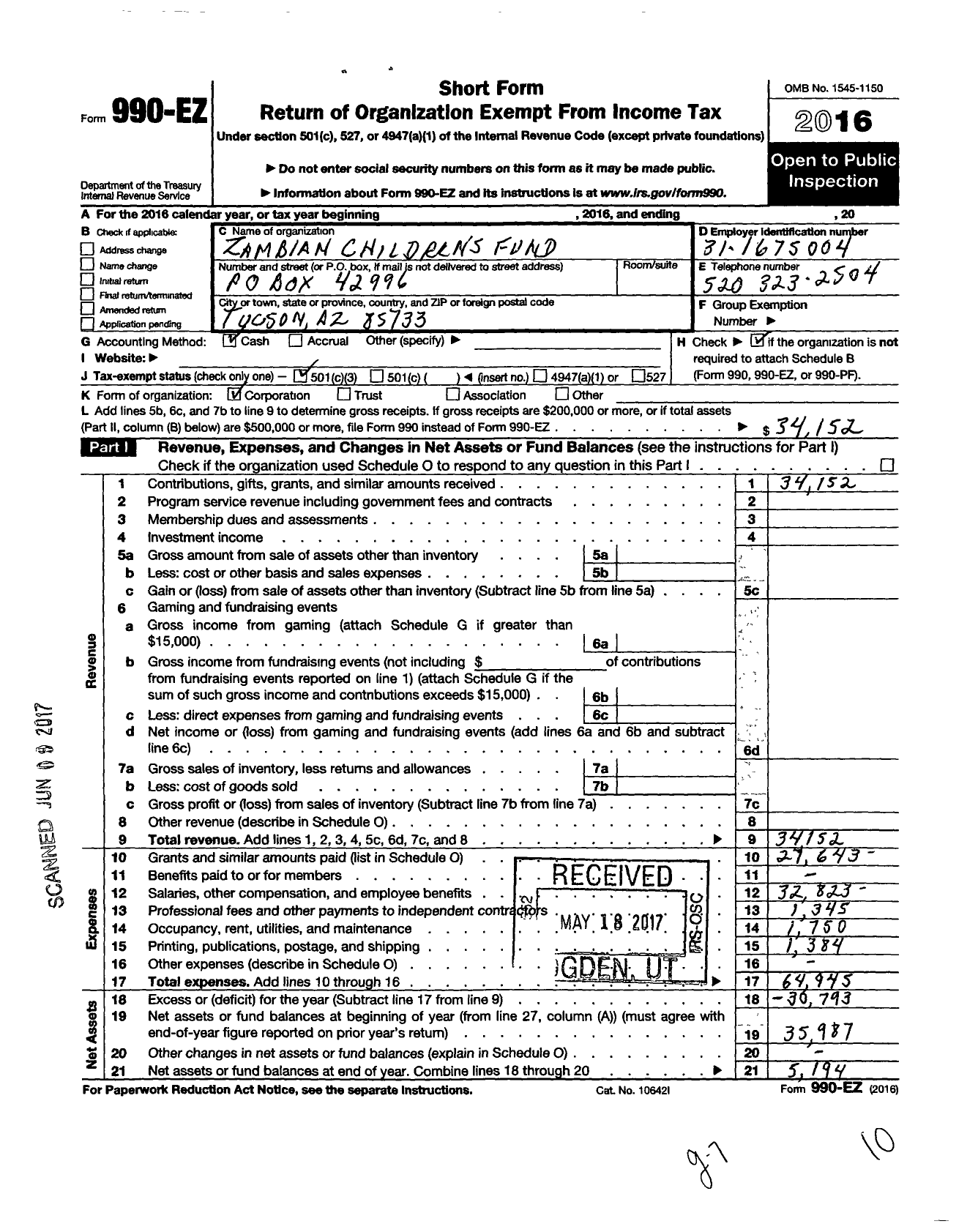 Image of first page of 2016 Form 990EZ for Zambian Childrens Fund