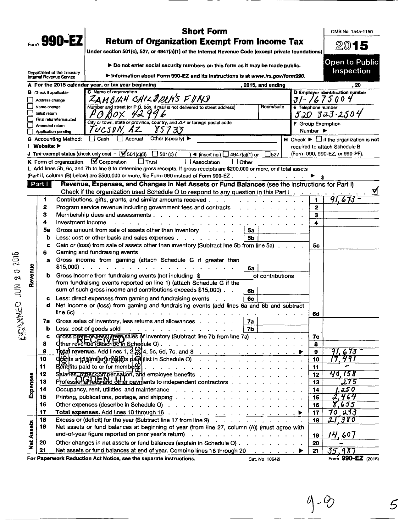 Image of first page of 2015 Form 990EZ for Zambian Childrens Fund