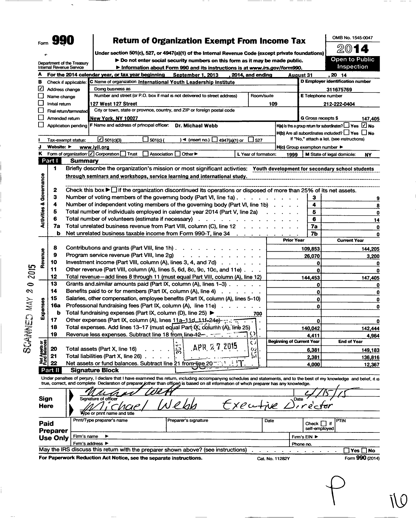 Image of first page of 2013 Form 990 for International Youth Leadership Institute