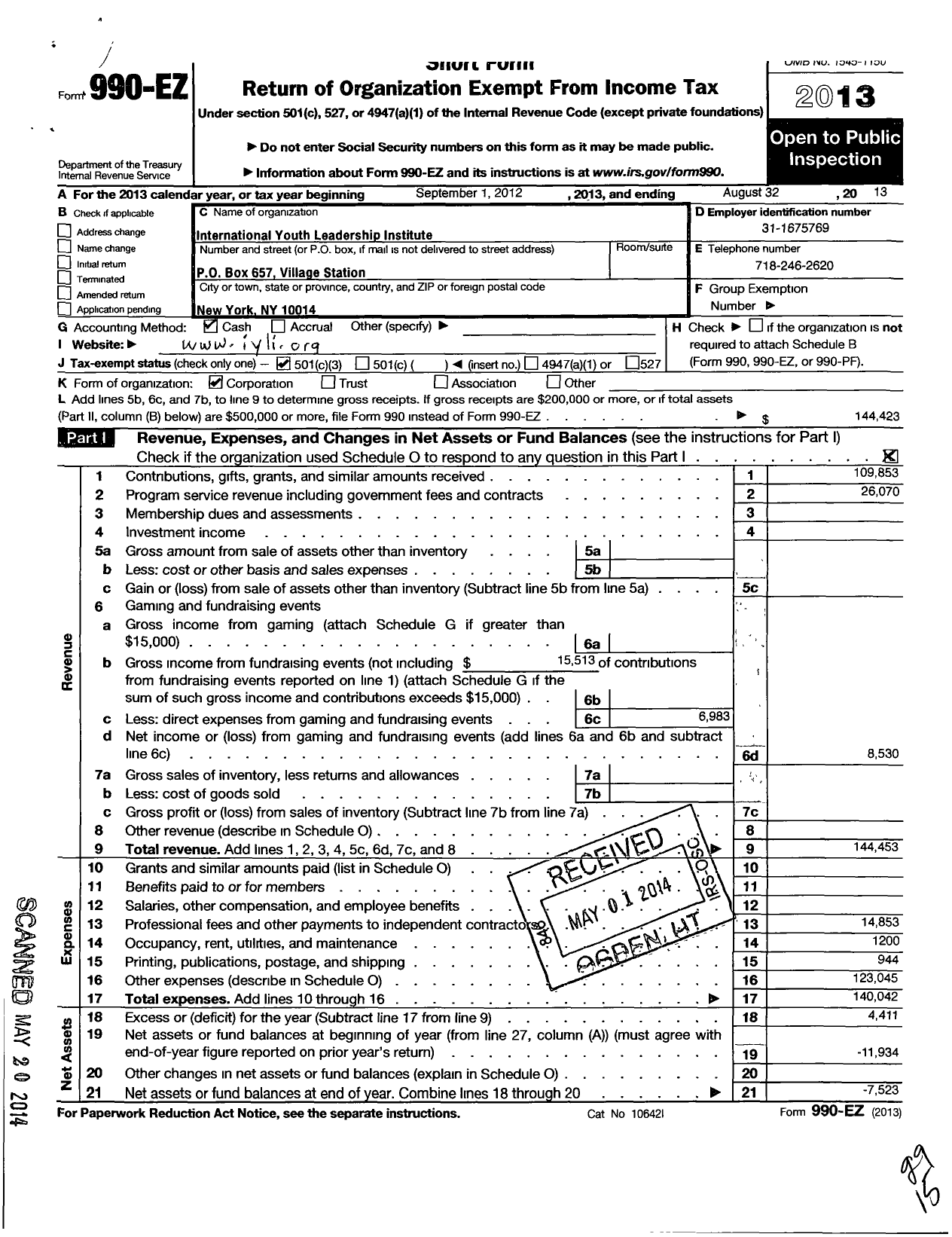 Image of first page of 2012 Form 990EZ for International Youth Leadership Institute