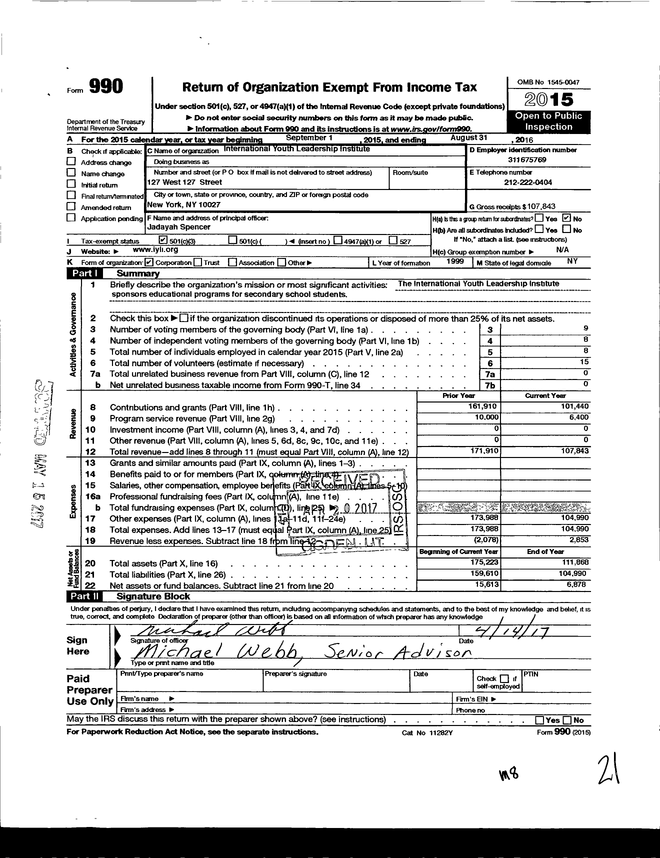 Image of first page of 2015 Form 990 for International Youth Leadership Institute