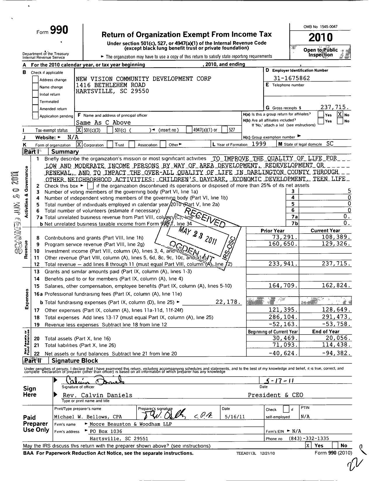 Image of first page of 2010 Form 990 for New Vision Community Development Corporation