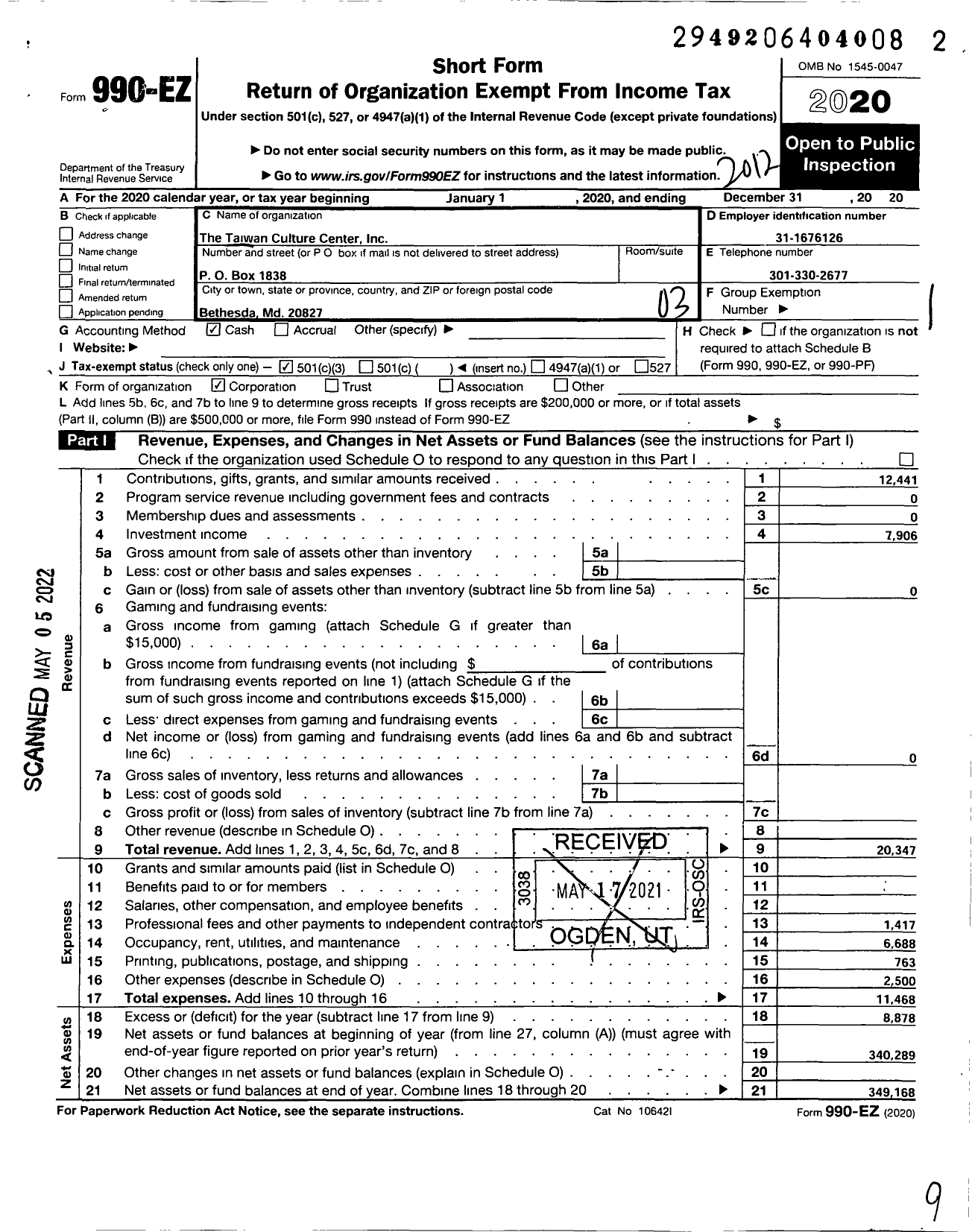 Image of first page of 2020 Form 990EZ for The Taiwan Culture Center