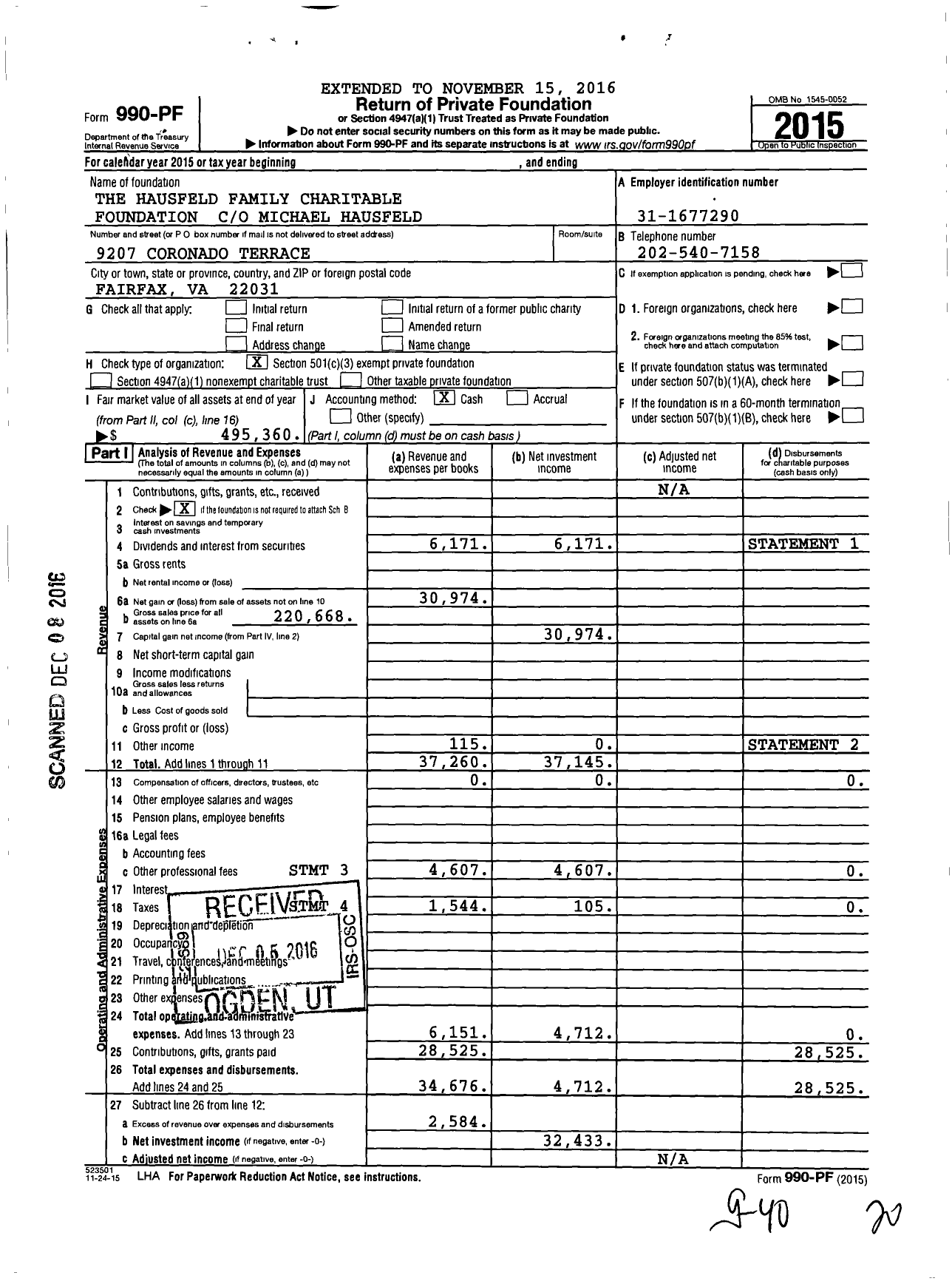 Image of first page of 2015 Form 990PF for The Hausfeld Family Charitable Foundation