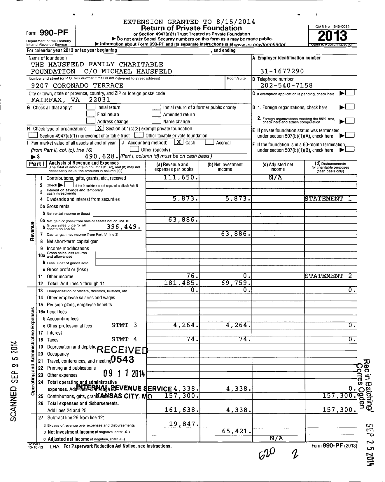 Image of first page of 2013 Form 990PF for The Hausfeld Family Charitable Foundation